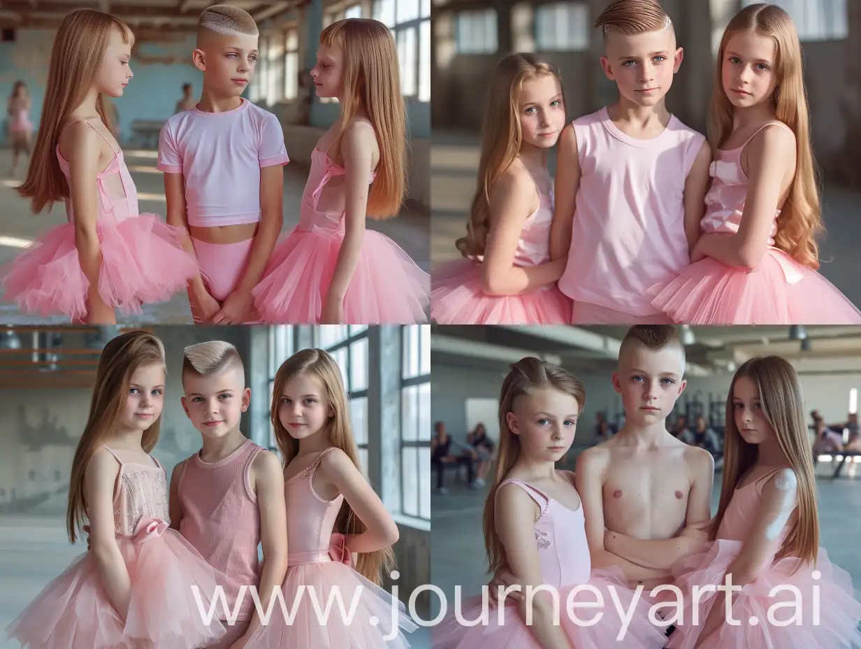 Hyper realistic, photograph, a cute white boy with short blonde hair in a trendy quiff shaved short on the sides, 8, the boy is standing next to 2 long-haired girls in a dance studio, they are all wearing pink ballet tutu dresses with tights, cinematic, 8k