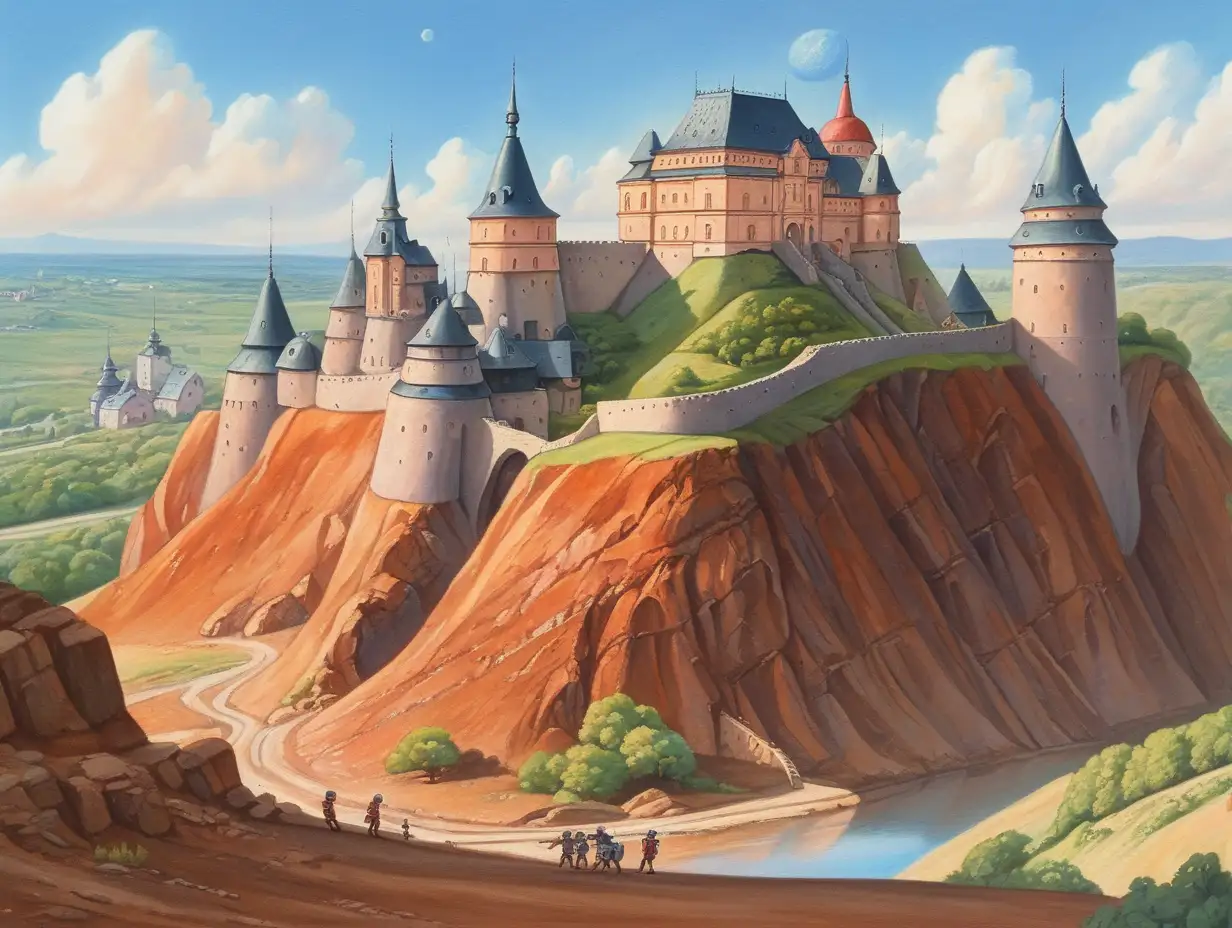 Kamianets-Podilskyi castle set on mars, ghibli inspired painting