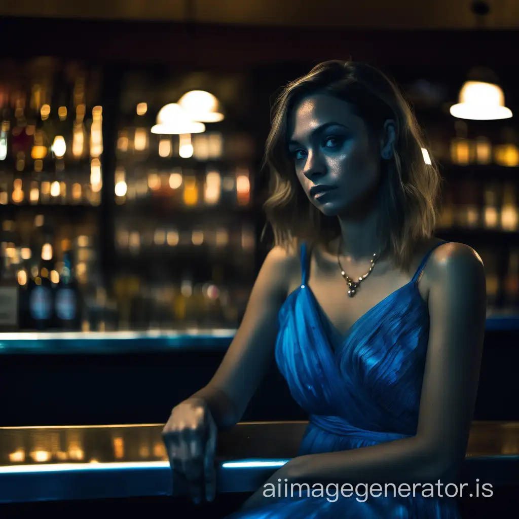 cinematic film still, 4k, realistic, ((cinematic photo:1.3)) of girl wearing a blue dress, sitting in a bar, Fujifilm XT3, long shot, ((low light:1.4)), ((looking straight at the camera:1.3)), upper body shot, somber, shallow depth of field, vignette, highly detailed, high budget Hollywood movie, bokeh, cinemascope, moody, epic, gorgeous, film grain, grainy