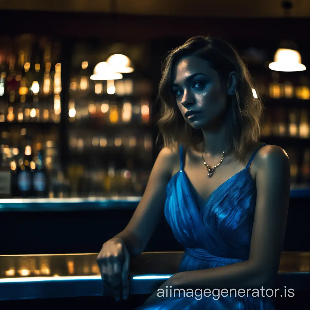 Moody-Cinematic-Film-Still-Somber-Girl-in-Blue-Dress-at-Bar