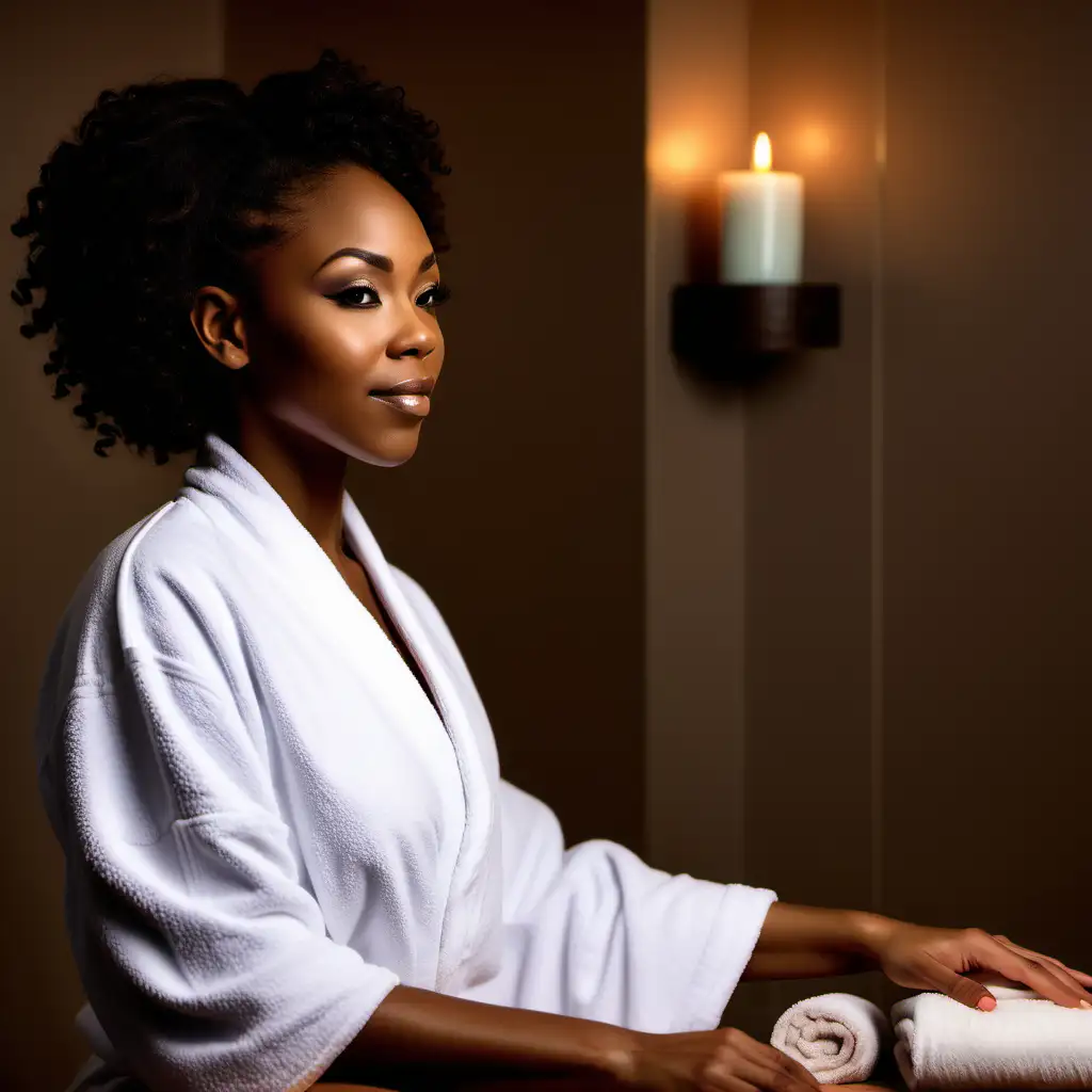 Craft a captivating photo capturing the essence of your spa business, showcasing an empowered African American woman. Emphasize relaxation, rejuvenation, and beauty amid serene spa surroundings. Reflect your persona and expertise, creating an inviting visual that resonates with your clientele and exudes tranquility and excellence.