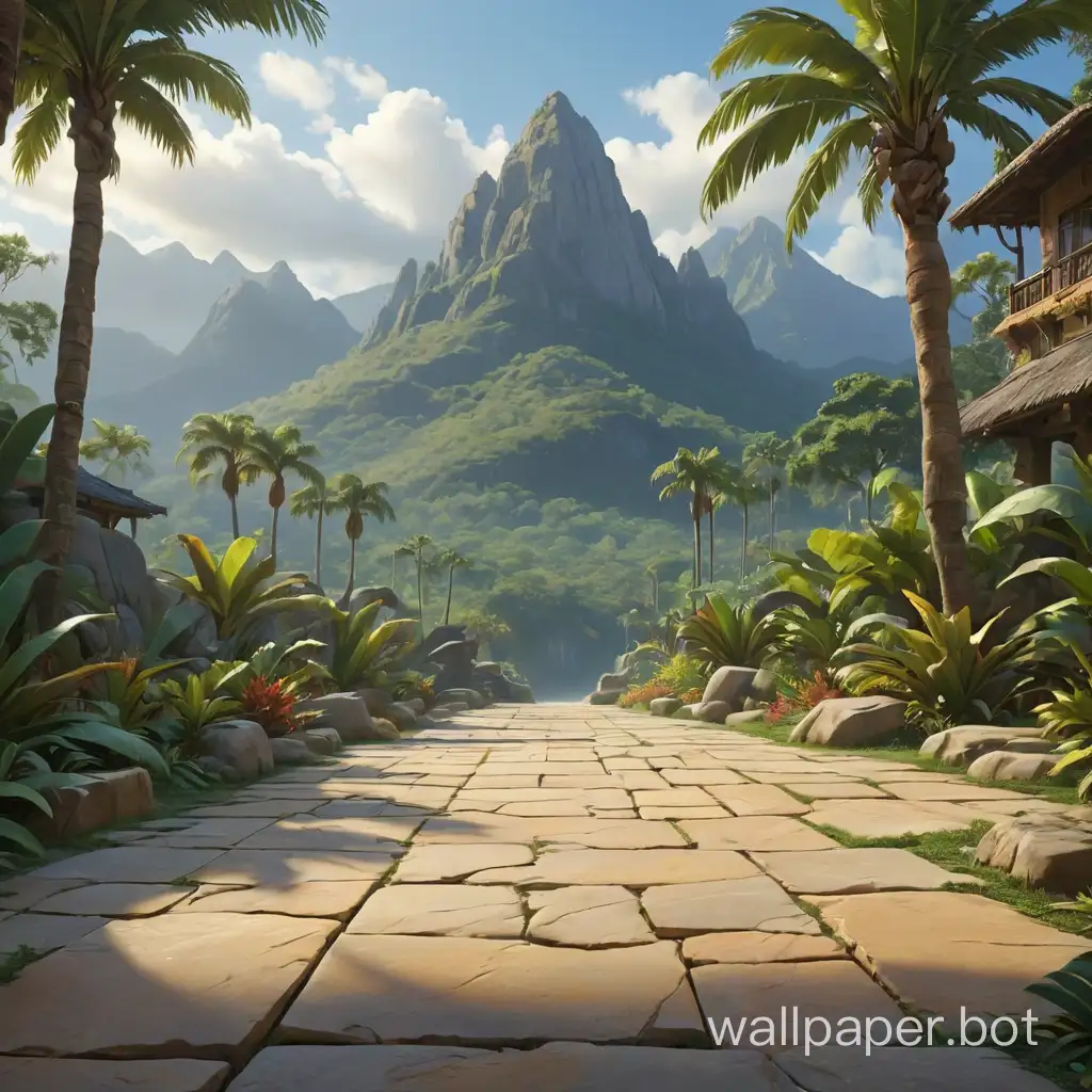 Scenery from the tropical world, flat stone floor, looking mountains in the background, realistic and highly detailed, Disney style, cinematic mood, trees on both sides.