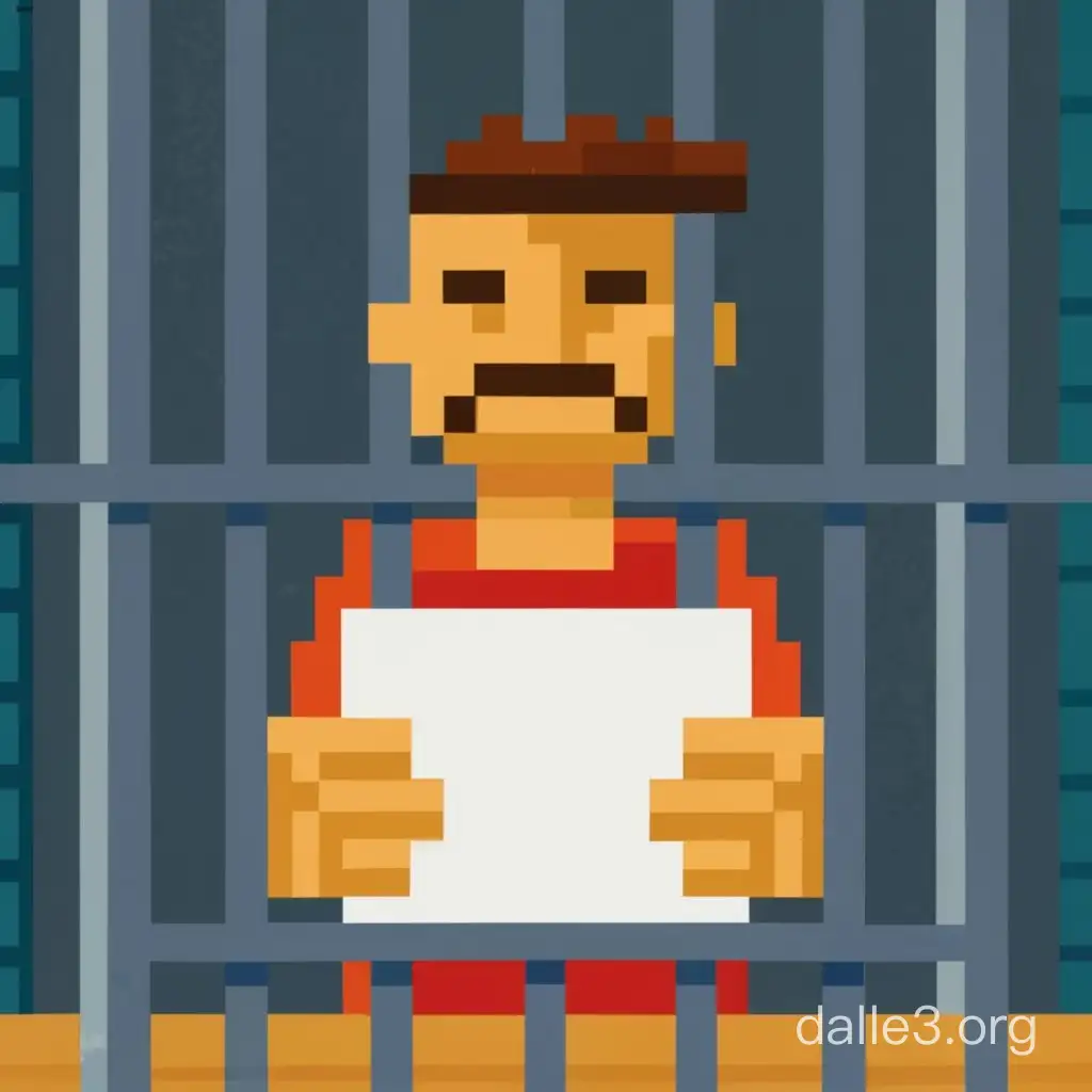 Draw a pixel man in prison with a sign in his hands