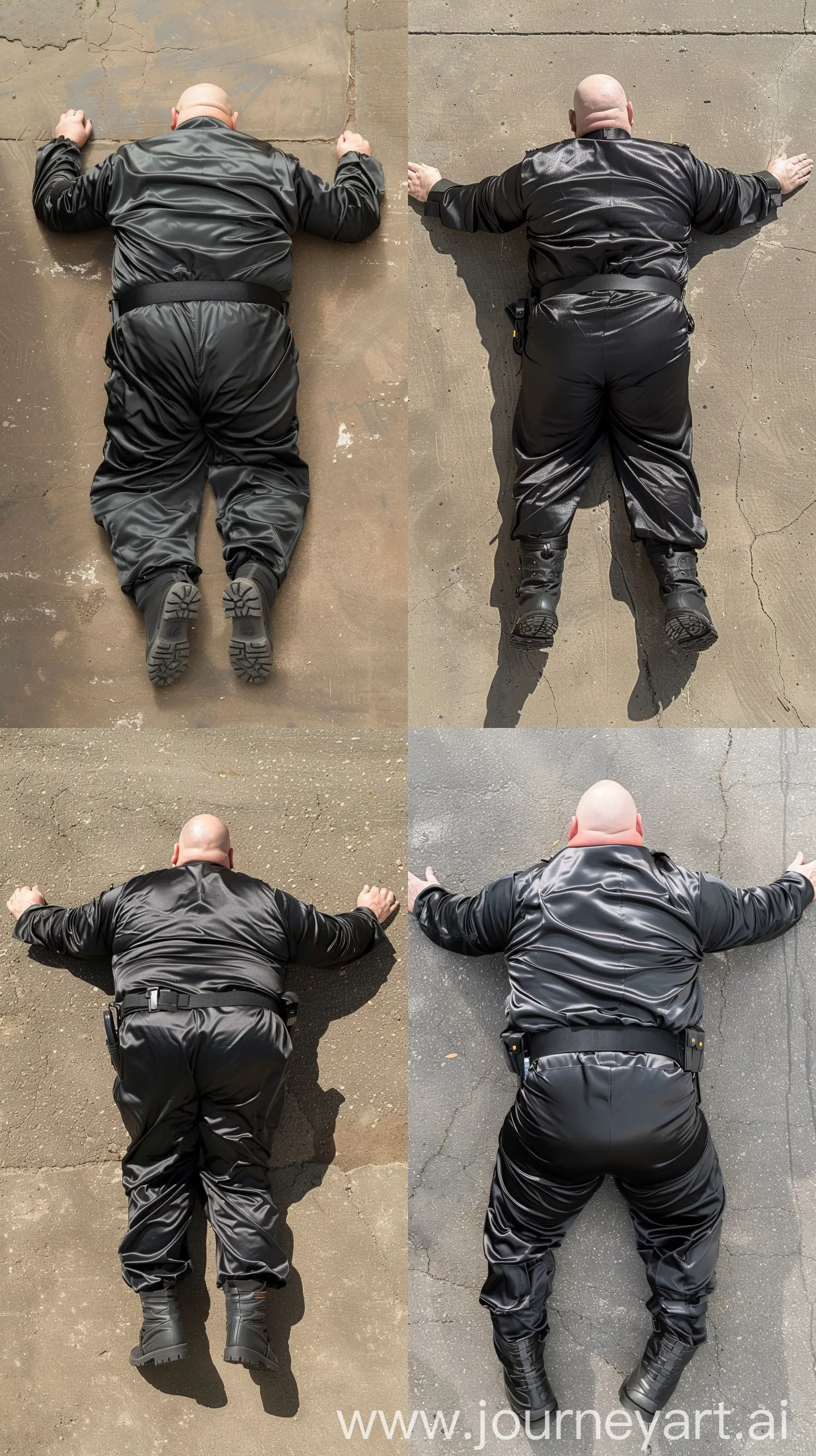 Elderly-Security-Guard-in-Black-Full-Coverall-Aerial-View