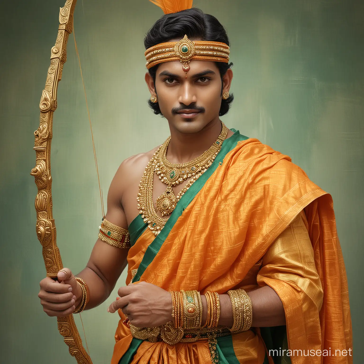 the most handsome looking prince Marayadha purushotham Sri Rama Chandra in ethnic cloths of golden orange and sea green colors. with a beautifully embellished bow and arrow in his hands
