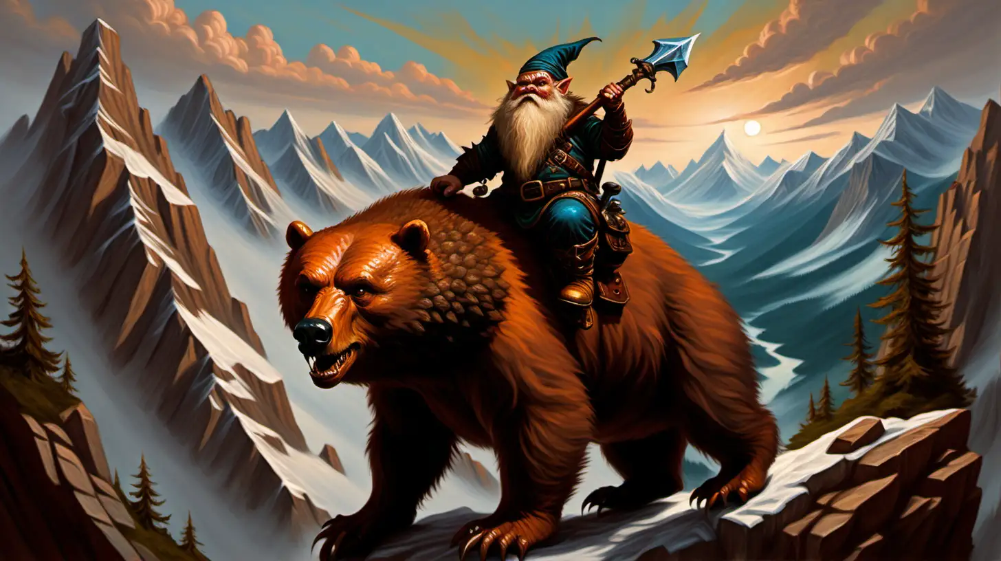 A dungeons and dragons style oil painting of a dwarf riding on a brown bear in the mountains
