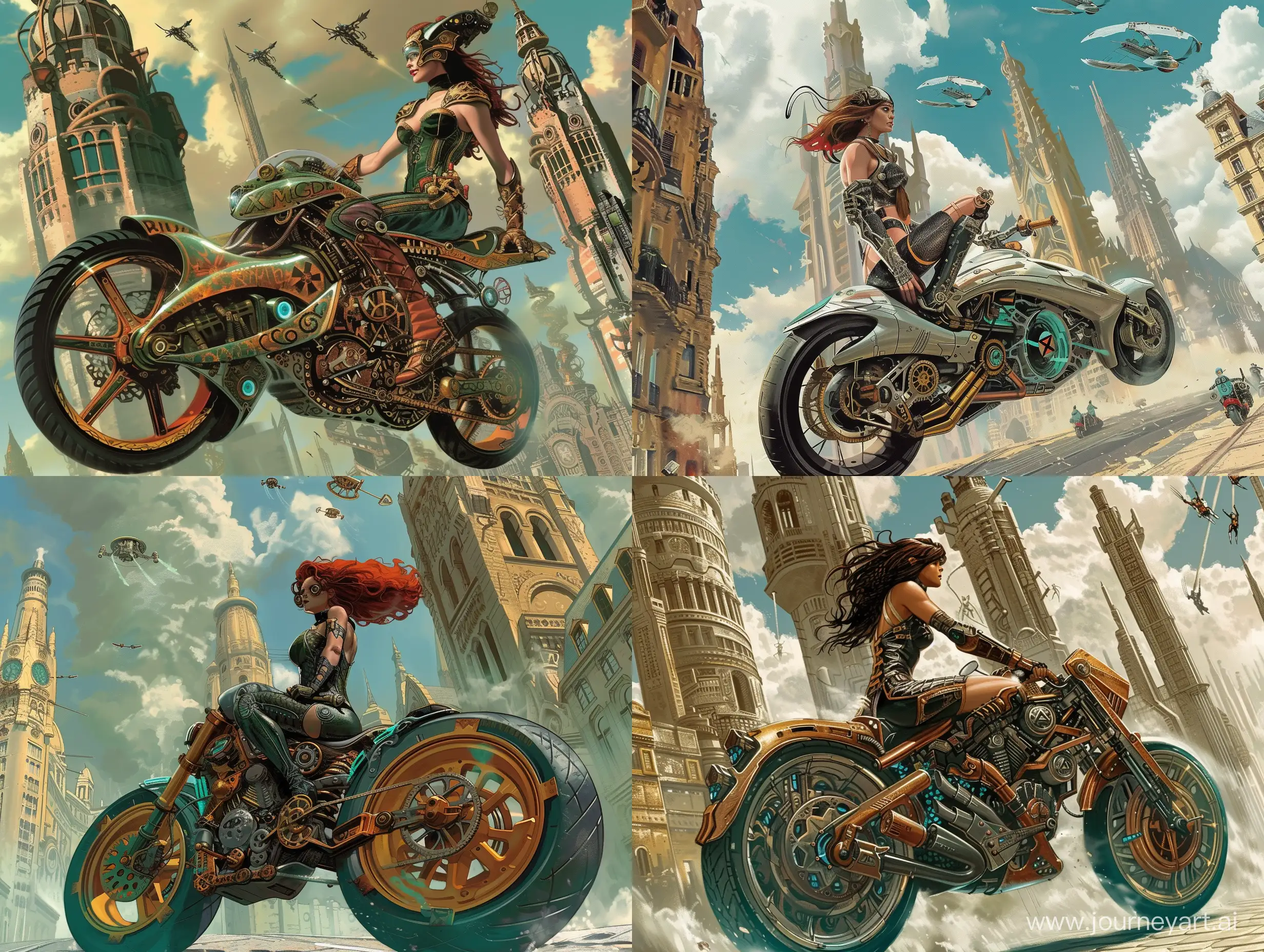 Women Amazon warrior with futuristic motorcycle in the steampunk style of the Victorian era state of street on big towers with magic mechanisms and laboratory devices, in sky flying derigibles, Luis Royo and Jim Lee style, features, ancient, highly detailed, complex, golden ratio composition, X-Men comic book cover