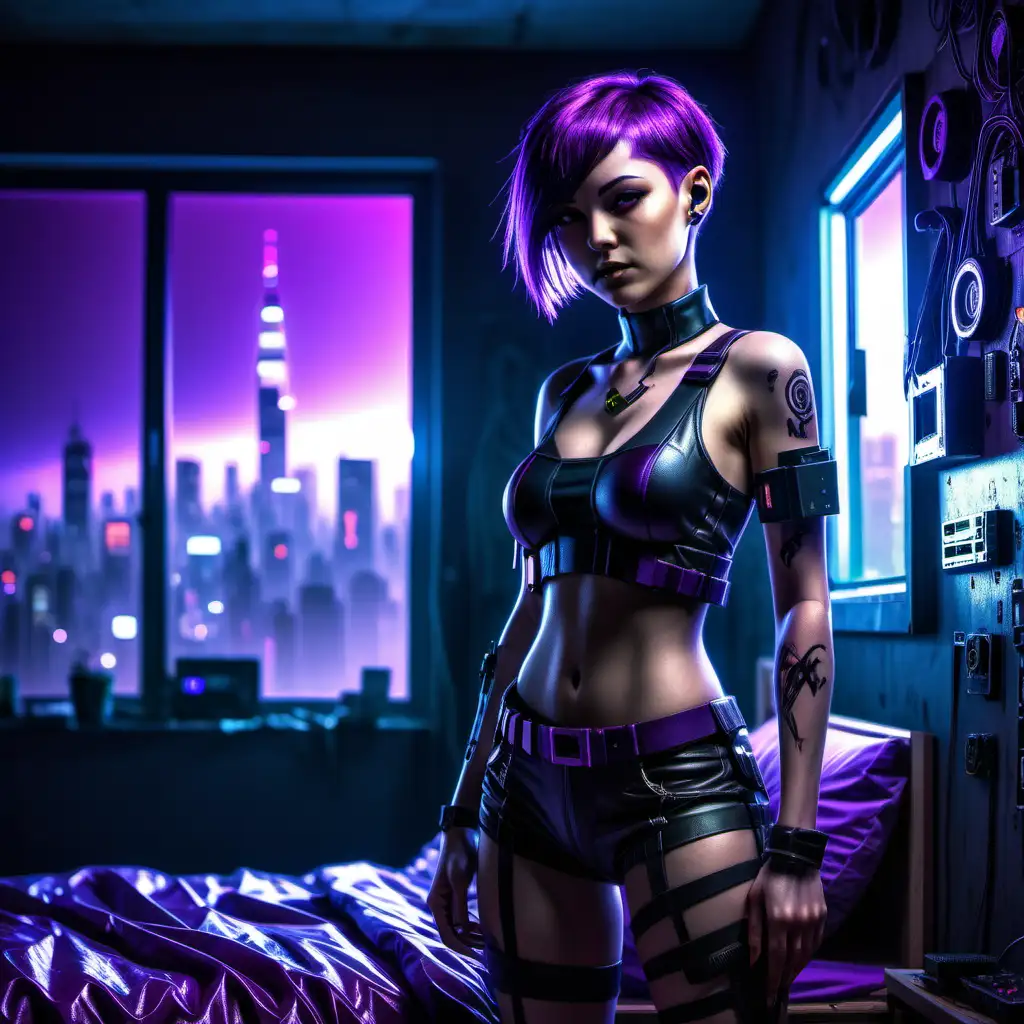 Create a cyberpunk girl with short purple hair who is standing in her bedroom.make the outside environment night.