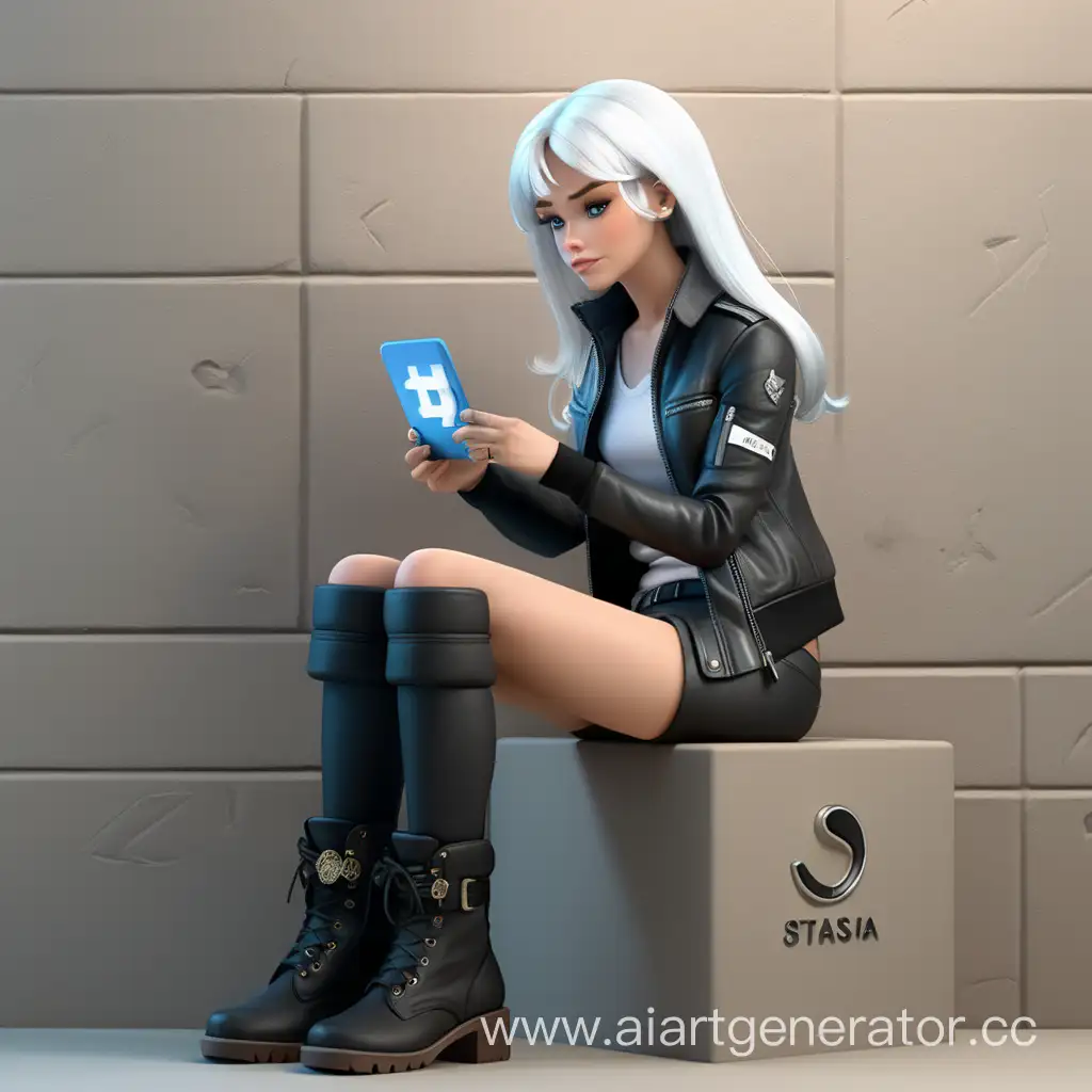 3D персонаж. женского рода с белыми волосами сидит на объекте оперевшись на стену на которой виден профиль социальной сети Telegram с именем Stasia. она должна быть в черной одежде на ногах должны быть берцы 
