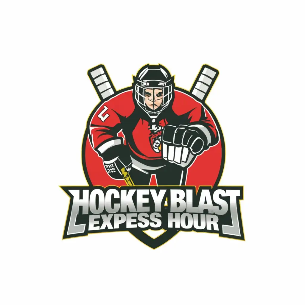 a logo design,with the text "Hockey Blast Express Fast Hour", main symbol:Goalie with a Hockey Puck,Moderate,be used in Sports Fitness industry,clear background