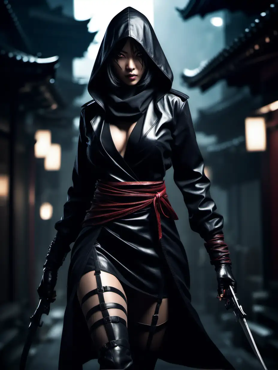 (cinematic lighting), A beautiful female assassin in Tokyo, She moves through the shadows with a grace that belies her deadly skill, her eyes reflecting a mysterious depth as she navigates the intricate dance of her profession. Dressed in sleek, black attire that seamlessly blends into the Tokyo night, her every move is calculated, and her presence exudes an enigmatic allure. The beauty in her lies not only in her physical prowess but also in the mystique that surrounds her, a captivating blend of danger and allure that defines her as a formidable assassin in the clandestine world of shadows. Intricate details, detailed face, detailed eyes, hyper realistic photography,
