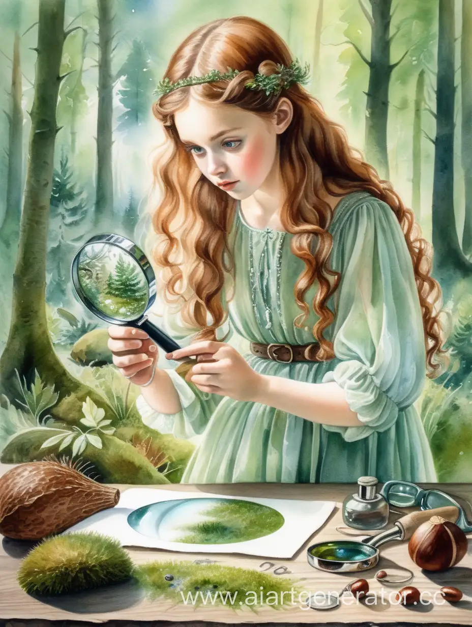 Slavic-Girl-Examining-Object-in-Forest-with-Magnifying-Glass