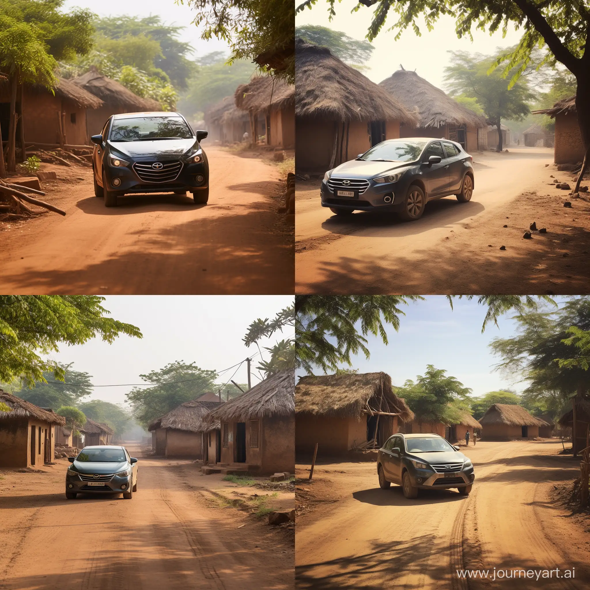 mazda2 in dusty road in african village with trees canopy