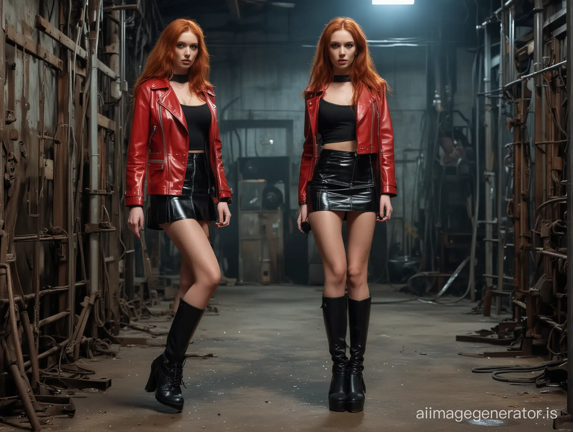Abandoned factory interior, workshop with equipment. Glamorous red-haired slender, long-legged five girl in an open jacket with a large bare chest, narrow waist, in a short latex tight skirt and boots on thick heels. Night, darkness. dust in the air.