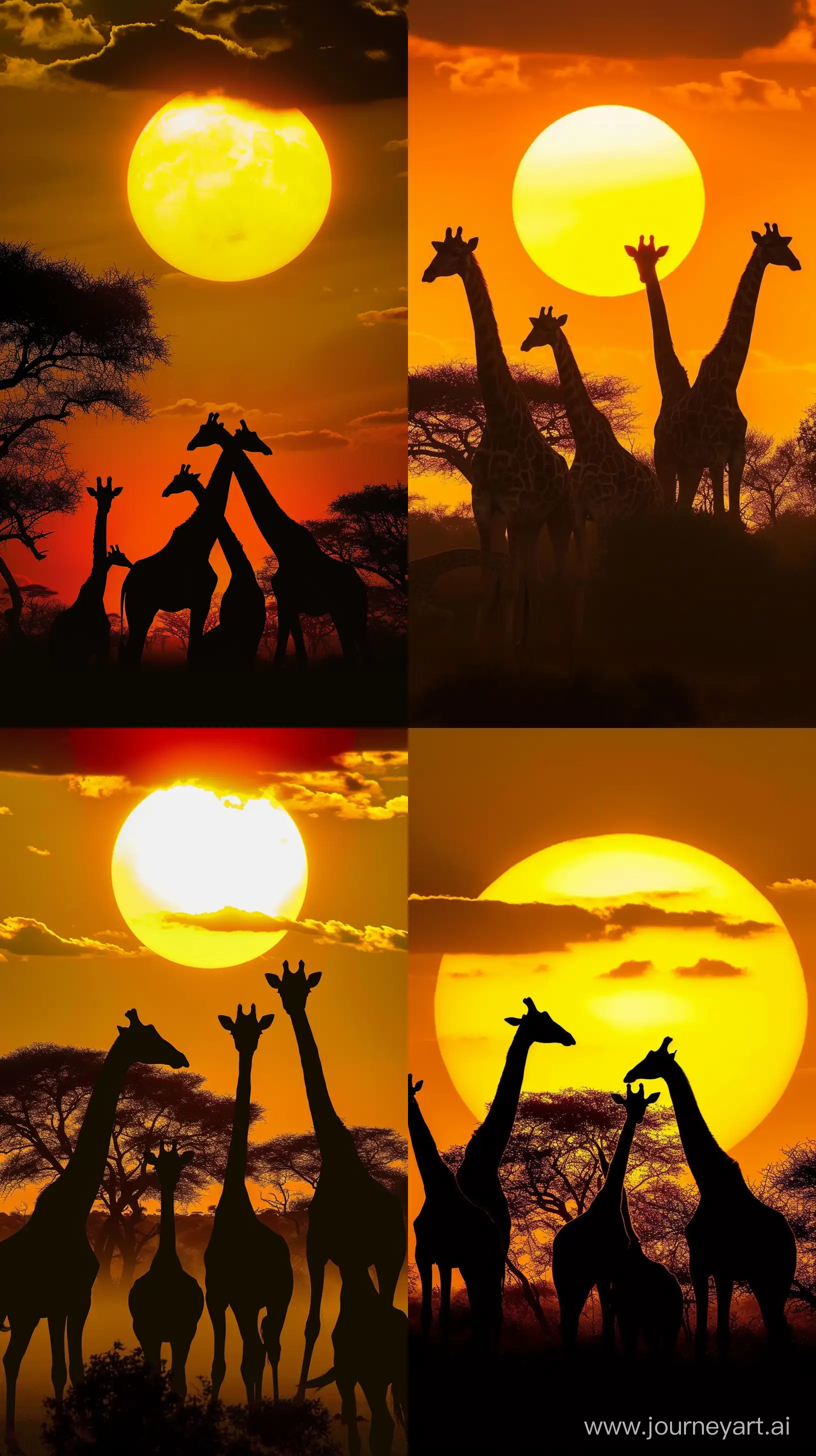 several giraffes in silhouette against a vibrant sunset. The sun is large and appears as a bright, glowing orb occupying the upper part of the image. Its color is a deep yellow, with hints of orange, and you can see some clouds partially covering it, adding texture to the sky. The sky itself is a gradient of warm colors, ranging from a soft yellow near the sun to deeper oranges and reds as it extends outwards. Below the sun, the silhouettes of at least four giraffes are visible. They are in profile, and their distinctive long necks and the patterns of their coats are clearly outlined against the bright background. The giraffes are of varying sizes and facing different directions, which suggests depth and perspective in the image. there are the dark, shadowy shapes of trees, likely acacia trees,  African savannah landscapes. The trees have sparse foliage and are also in silhouette. --ar 9:16
