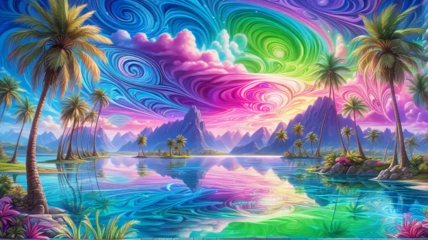 Magical Lake and Magical Sky with swirls of Bright-Blue, Bright-Green, Bright-Purple, and Bright-Pink surrounded by palm trees