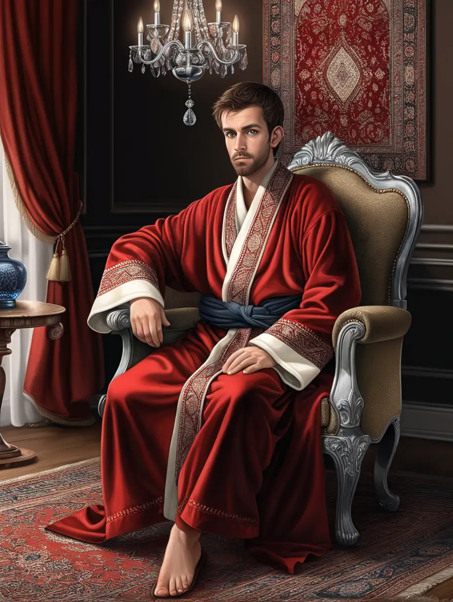 Intense Gaze Portrait of a Young Man in Red Dressing Gown