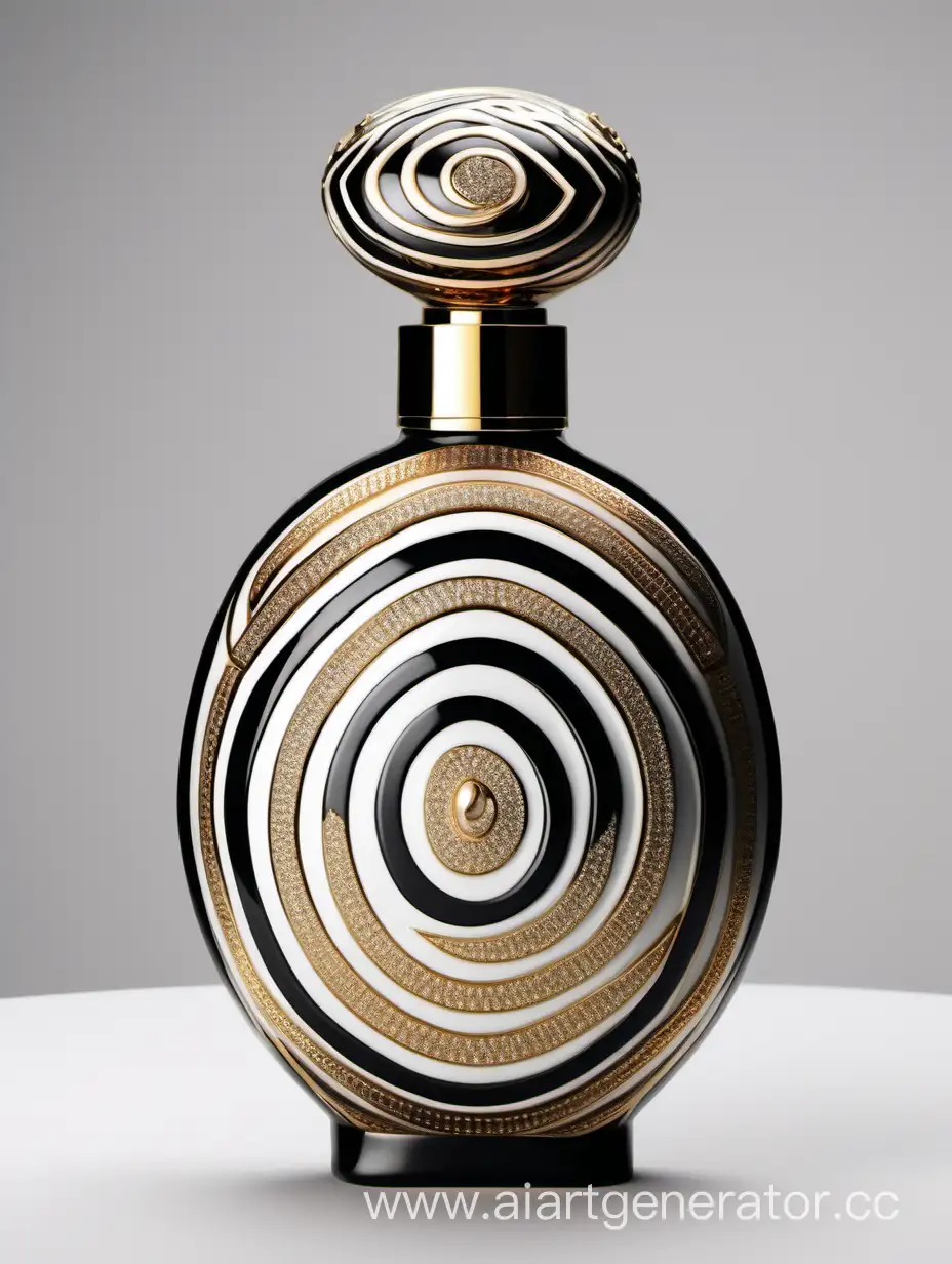 luxury perfume golden bottle and zamac cap, white and black, curvilinear oval with white and golden 5 circles inside decorative motif 