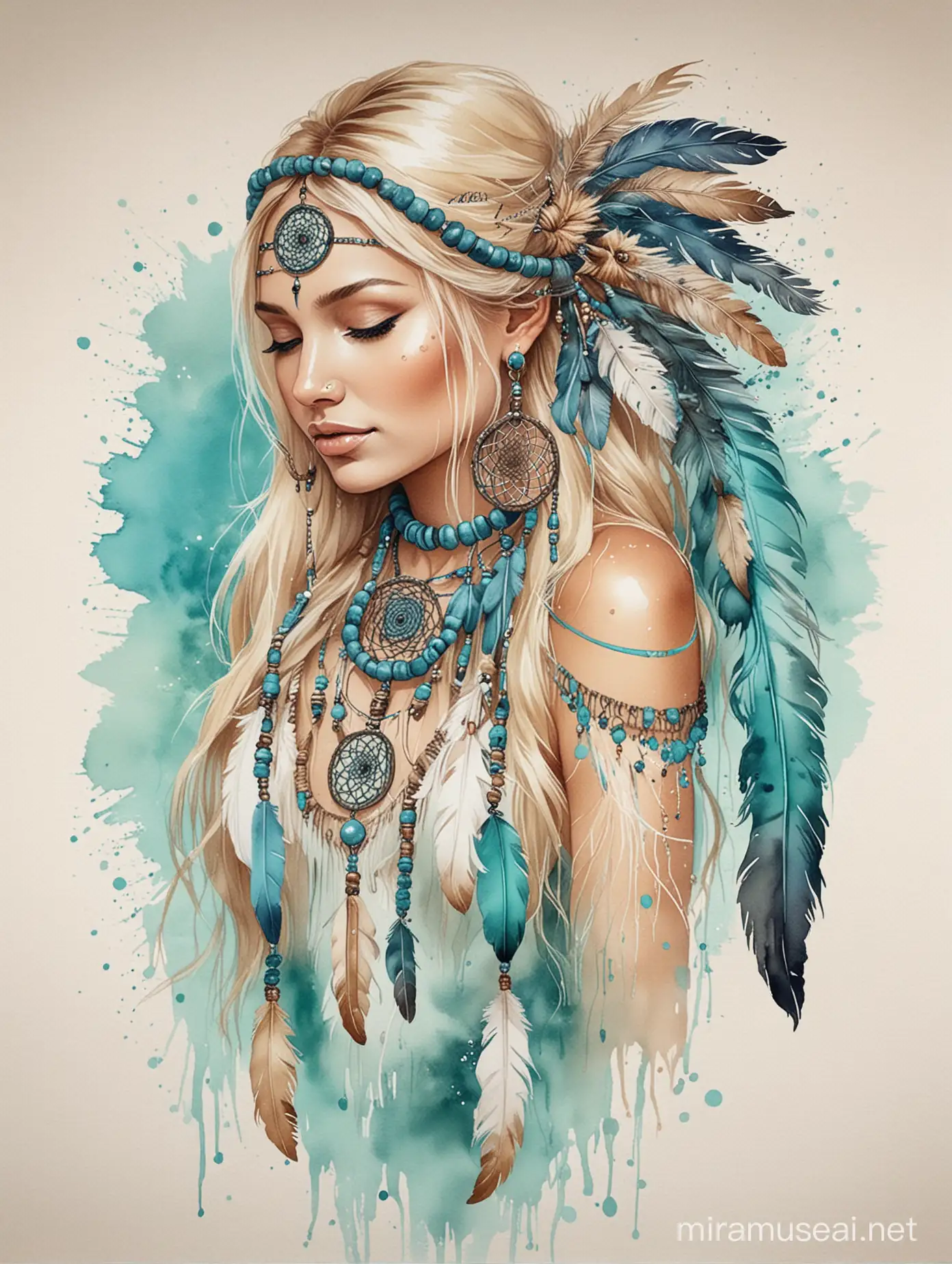 indiánka žena blondínka s dcérou blondínkou indiánkou s lapačom snov a pierkami vo vlasoch akvarelová malba tyrkisová farba