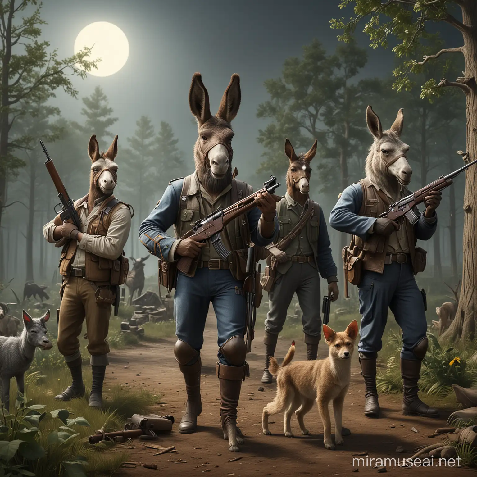Create a photorealistic image of the Bremen Town Musicians with guns. The donkey should be holding a shotgun, the dog should be holding a pistol, the cat should be holding a machine gun, and the rooster should be holding a grenade launcher. The animals should be standing in a forest clearing, and there should be a full moon in the background.