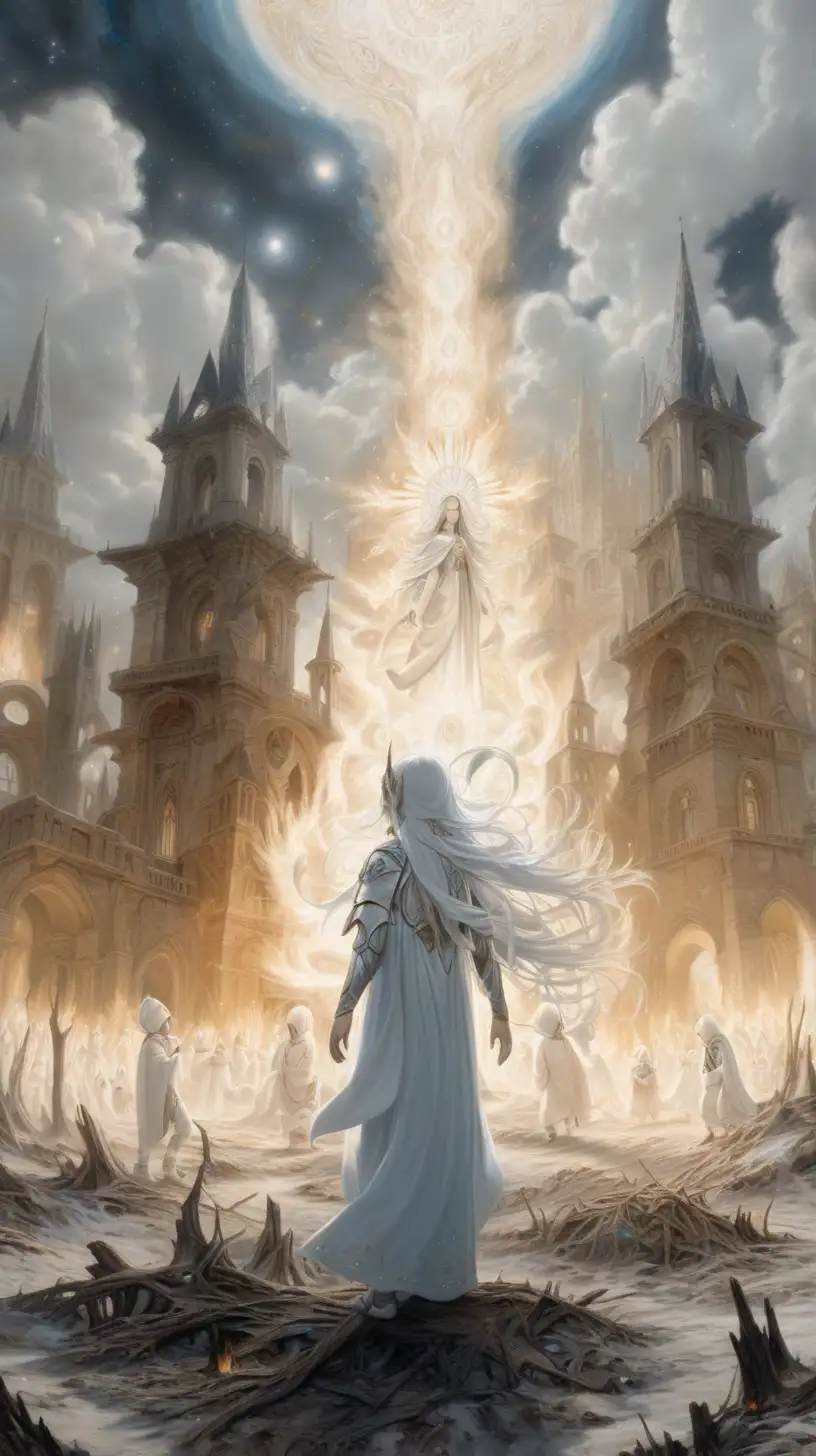 Celestial being, standing in the middle of a burned village, surrounded by white aberrations of spirits, 