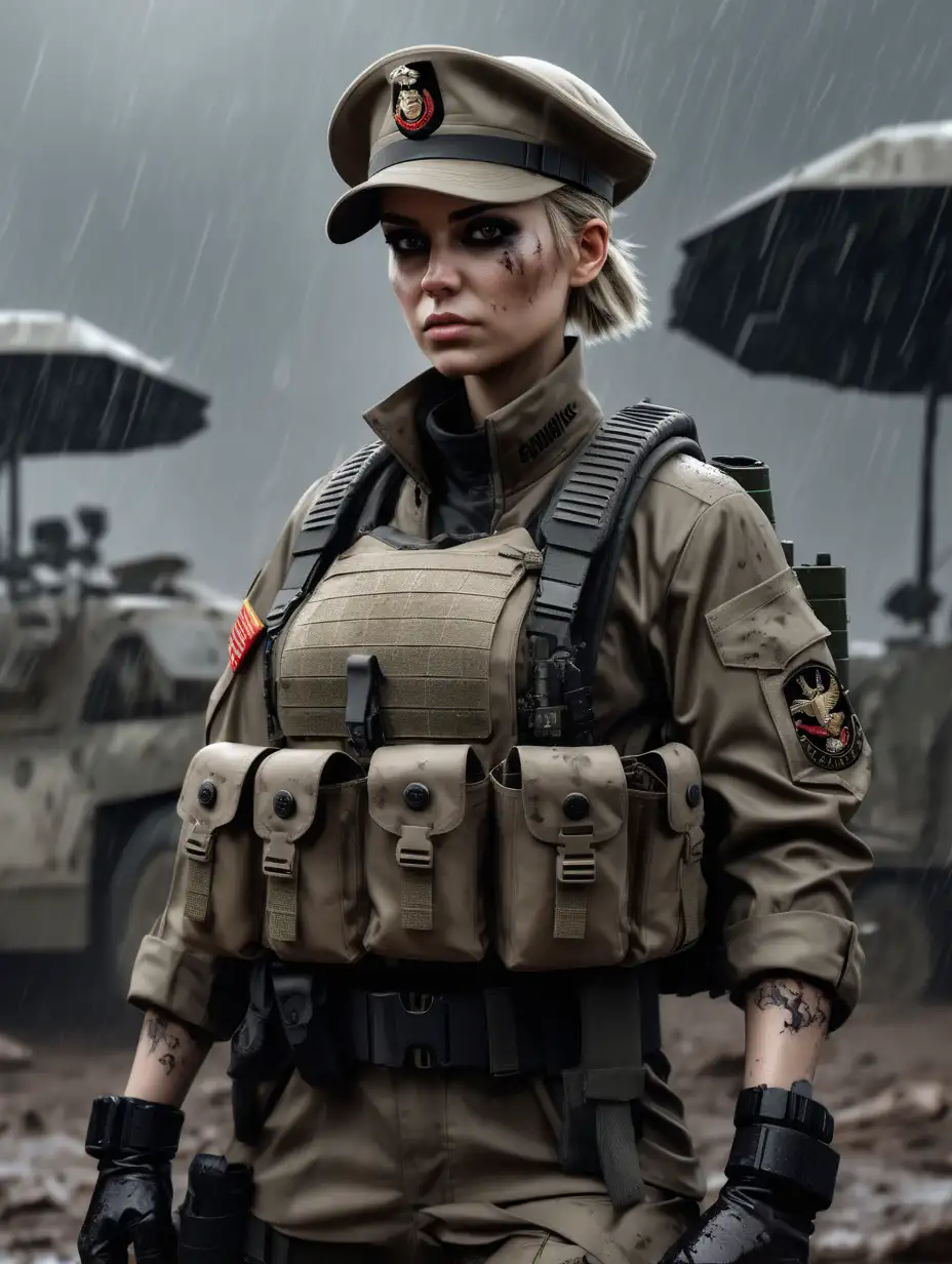 Warhammer 40K Young Commissar Woman in Muddy Warzone Rainstorm