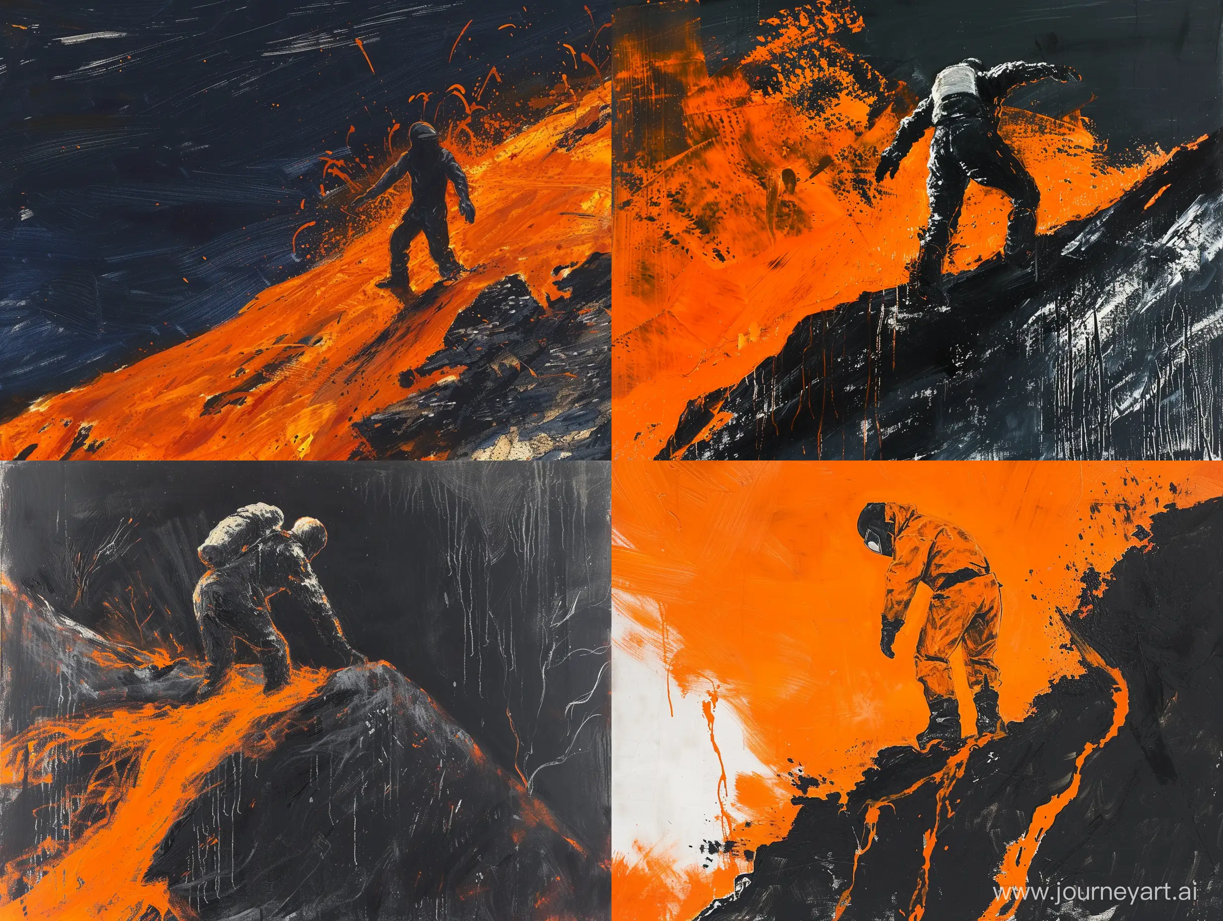 A man wearing a magma protective suit on top of a volcano approaches the magma, orange black, night time, lava orange, brush strokes, drawn in the style of Claude Monet, a realistic painting painted with restoration varnish