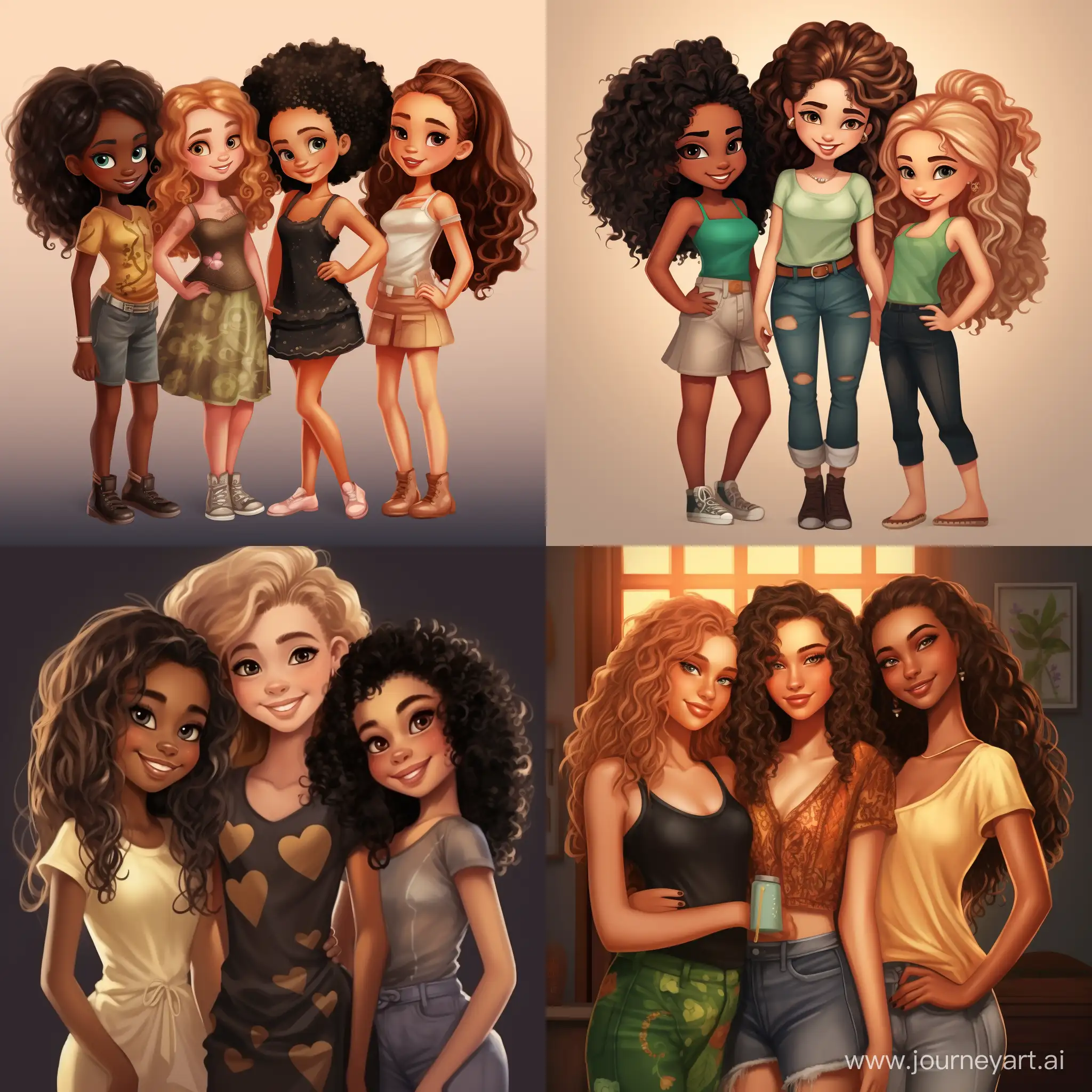 4 girls, best friends, beautiful girl with straight dark hair and expressive green eyes, strict brunette, smiling curly blonde, cute dark-skinned girl of small stature, high quality, high detail, cartoon art