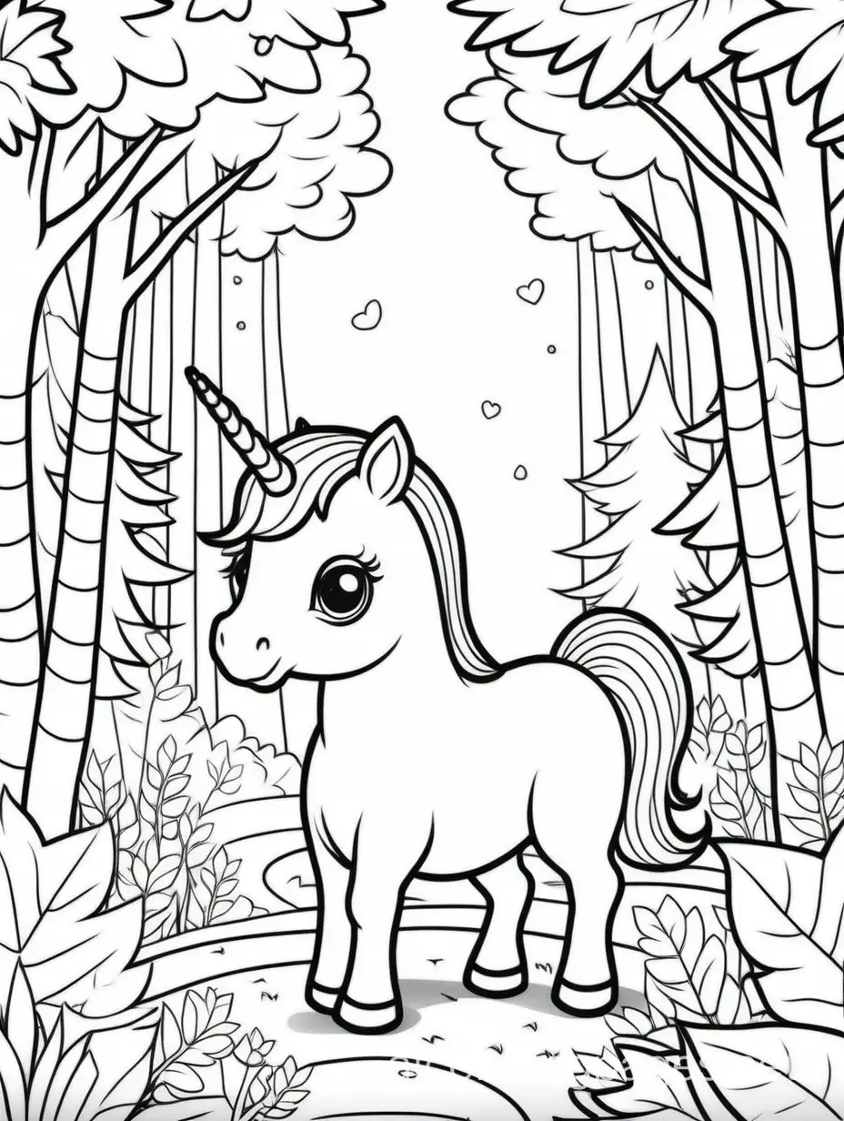 cute unicorn in a forest, Coloring Page, black and white, line art, white background, Simplicity, Ample White Space. The background of the coloring page is plain white to make it easy for young children to color within the lines. The outlines of all the subjects are easy to distinguish, making it simple for kids to color without too much difficulty