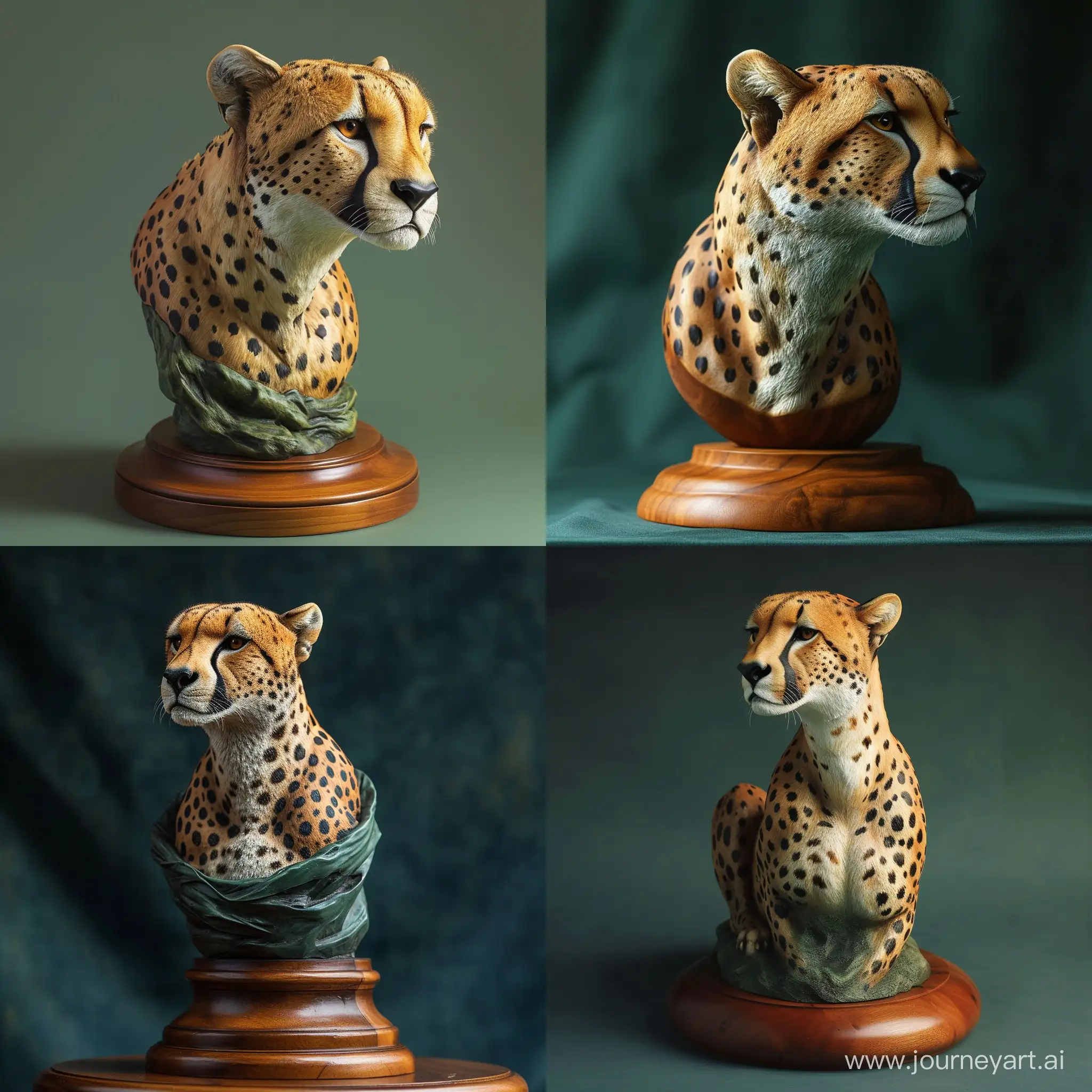 A Sculpture of Cheetah Wooden Base, Bust Style, Hunter Green Background, Cinematic Pose, High Precision