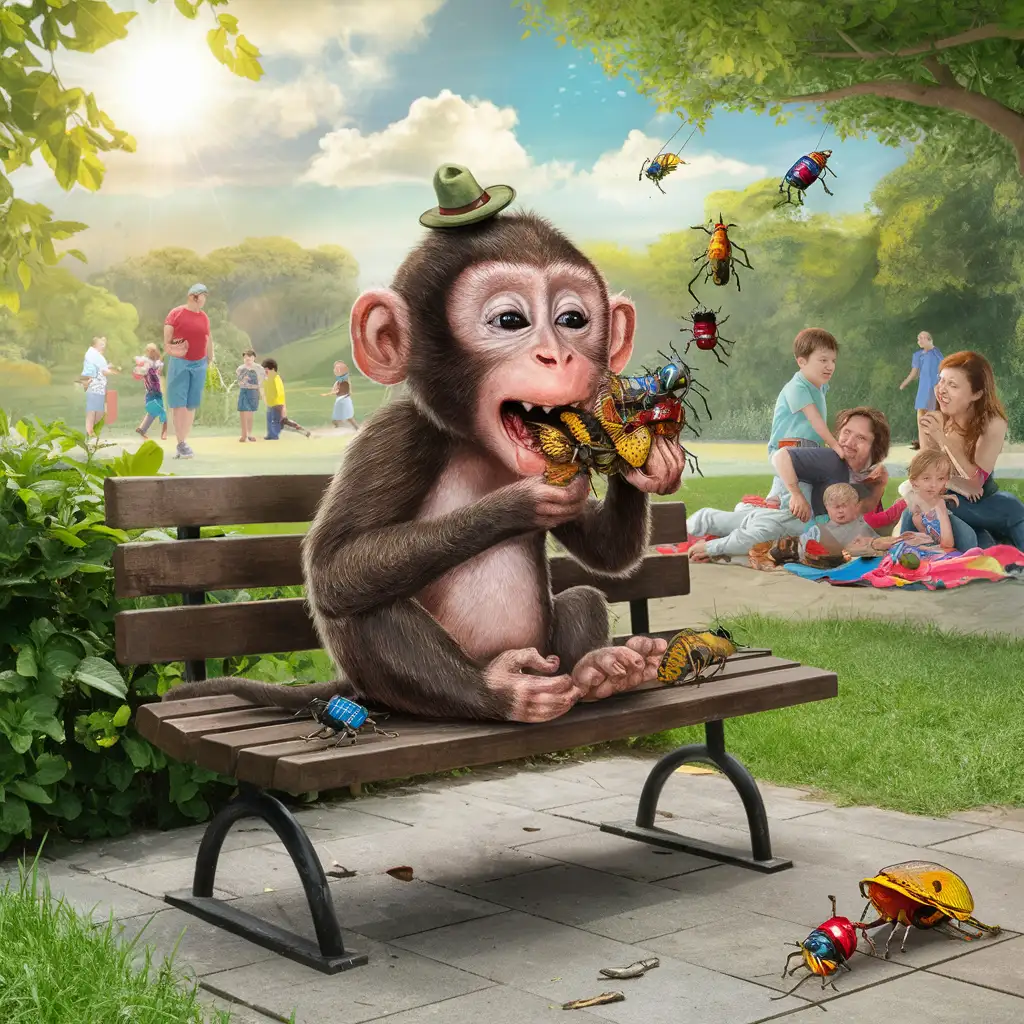monkey eating bugs on a park bench