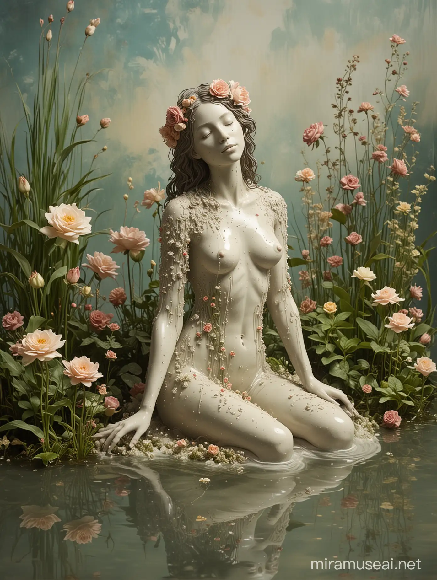 SCULPTURE of a human woman, sitting in the water, with aquatic plants and flowers, with light colored background and small shapes, watering her plants, with hairy roses, large fur flowers, melted liquid abstract background, haute couture, vintage photography, cinematographic , soft skin, NO NIPPLE