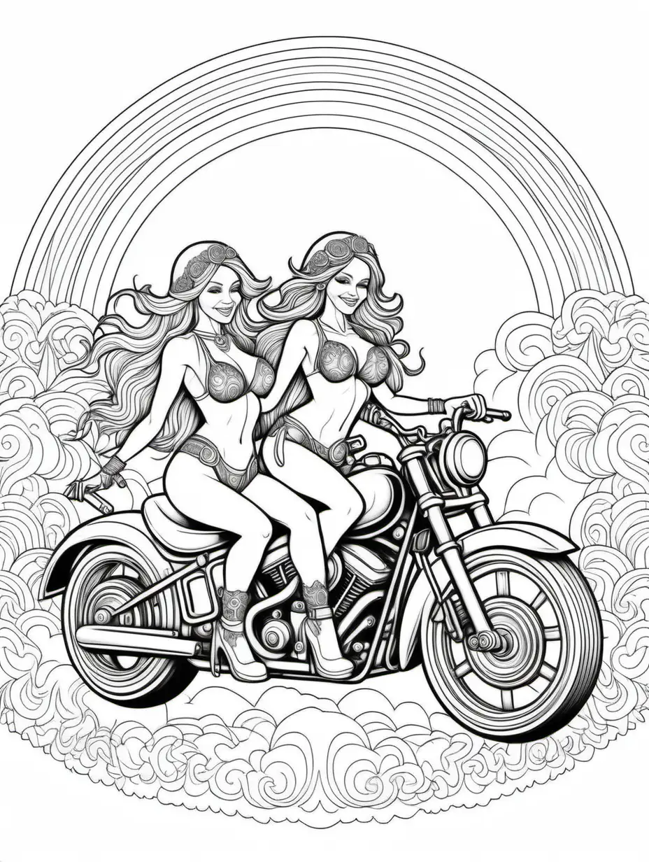 adult coloring pages, mandala style, thin lines, high detail, two sexy leprachauns riding a motorcycle under a rainbow