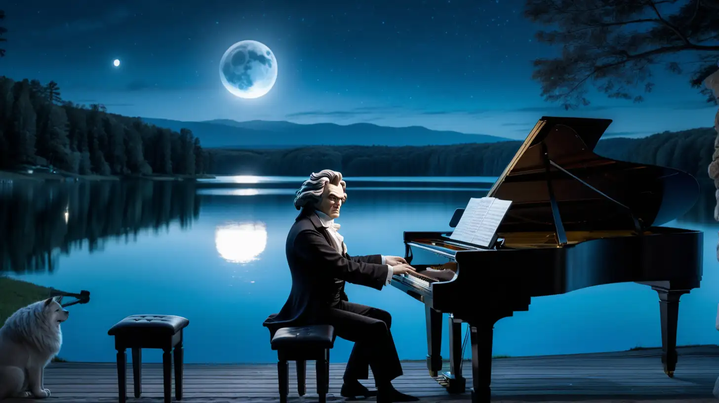 Beethoven Playing Piano by Moonlit Lake