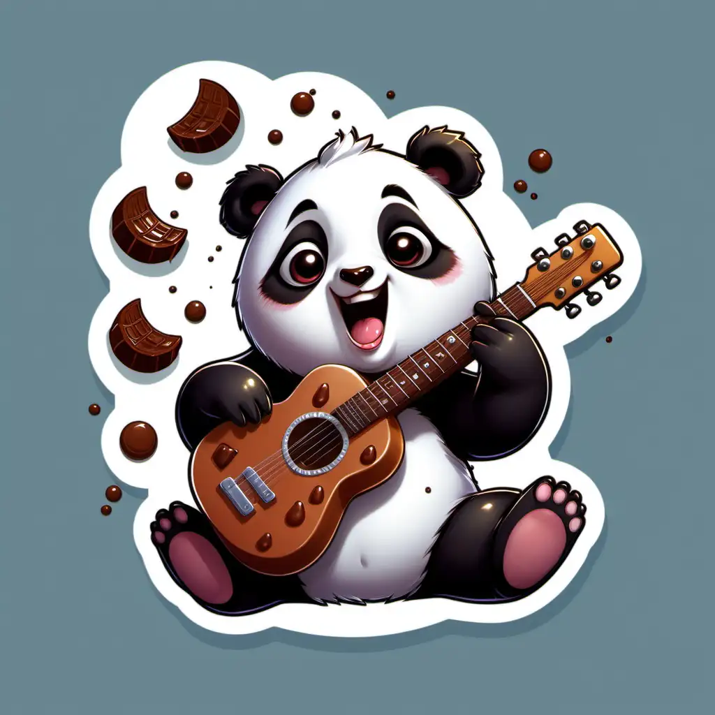 This looks like a panda. You have to prepare a sticker for this. Panda is playing the chocolate guitar happily. And chocolate drops are falling down from the guitar.
