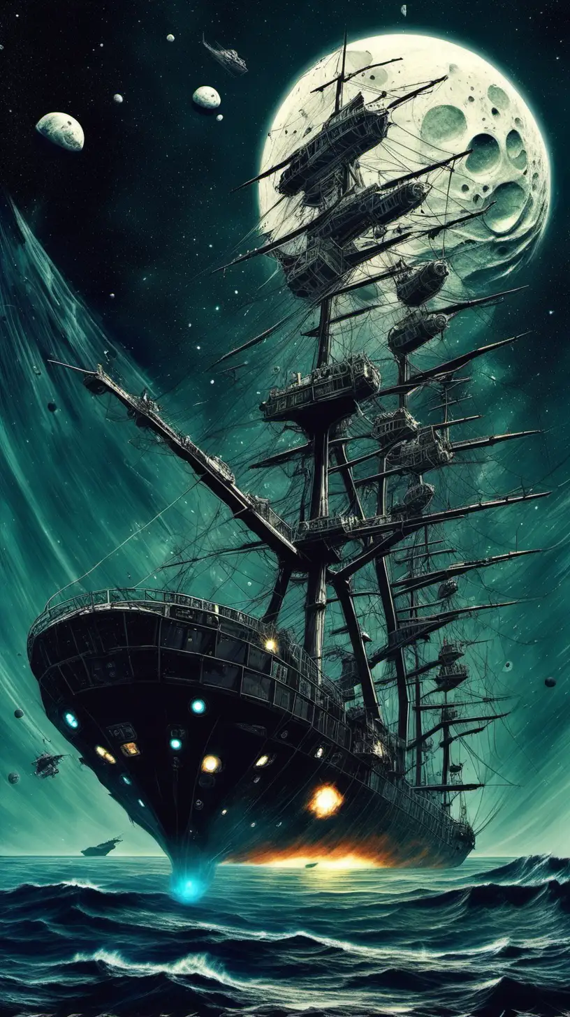 low orbit space pirate attack on merchant vessel over a broken moon
