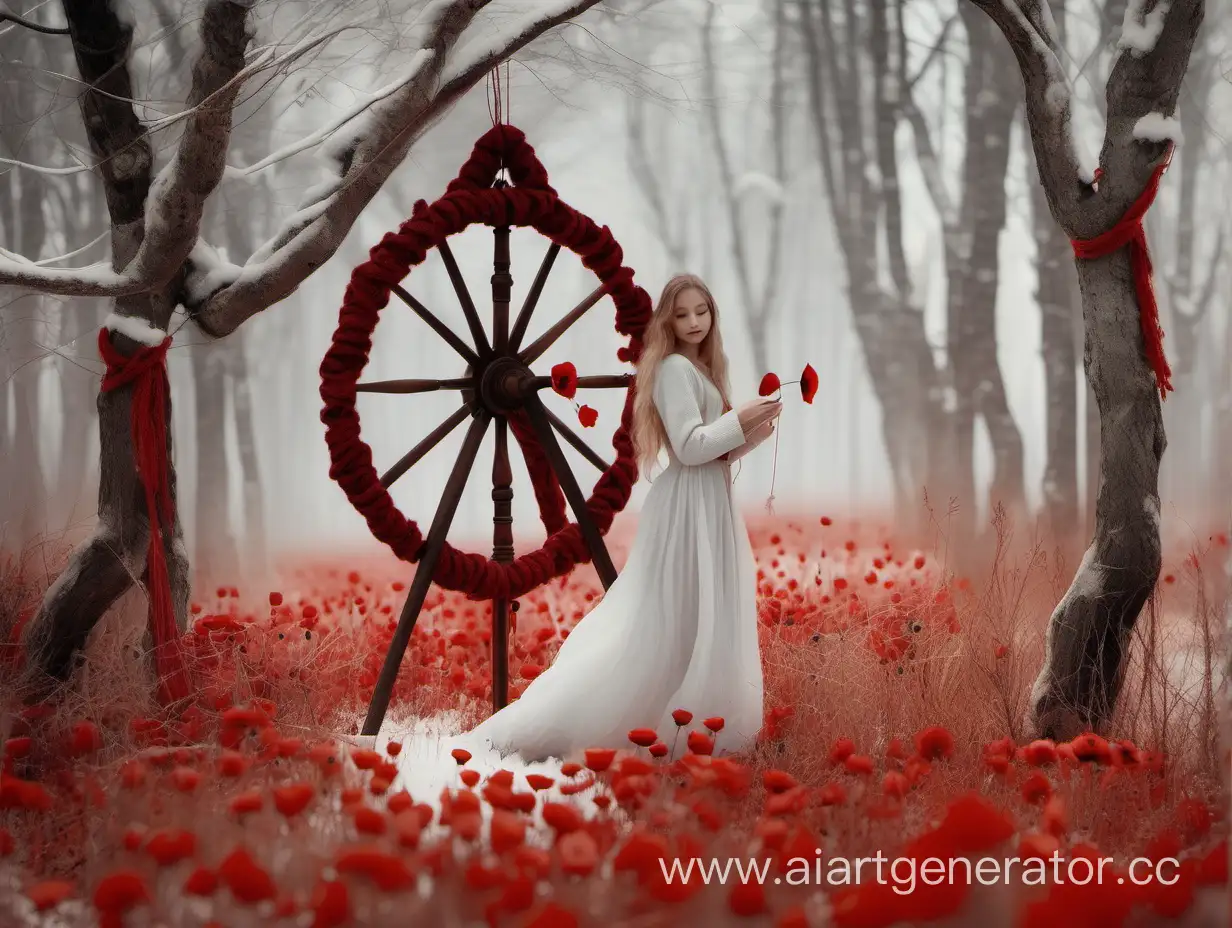 Enchanting-Winter-Forest-Scene-with-Poppies-and-Spinning-Wheel
