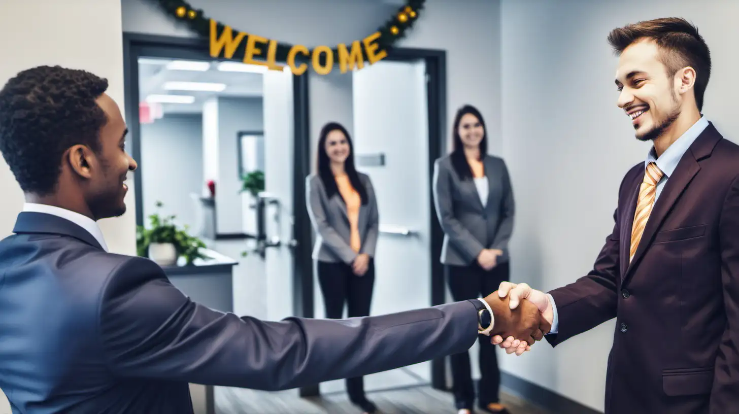 Warm Welcome New Employee Shakes Hands with Boss Amidst Applicants