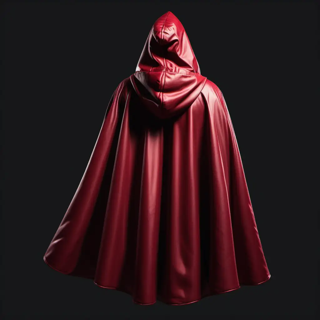 A carmine cloak from behind with the hood up and shifting in the wind on a transparent background