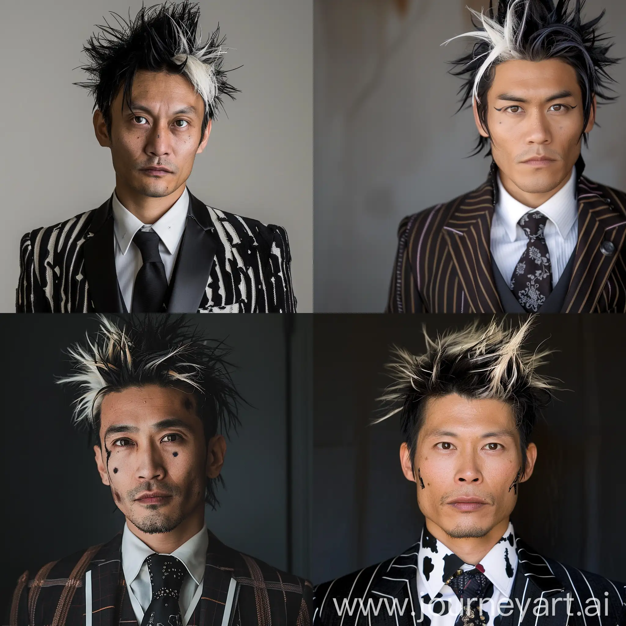 tall asian man, spiky medium long black hair with white streaks, has heterochromia in his eyes. dressed in a unique gothic suit and tie, gangster, cinematic