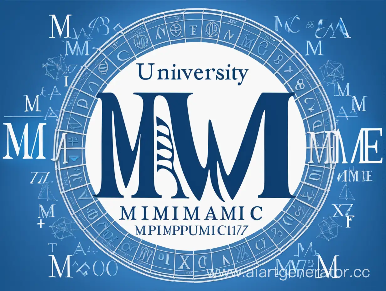 Логотип математической кафедры университета, в синих оттенках, с буквами "ММиМЭ", на русском языке, на фоне формулы