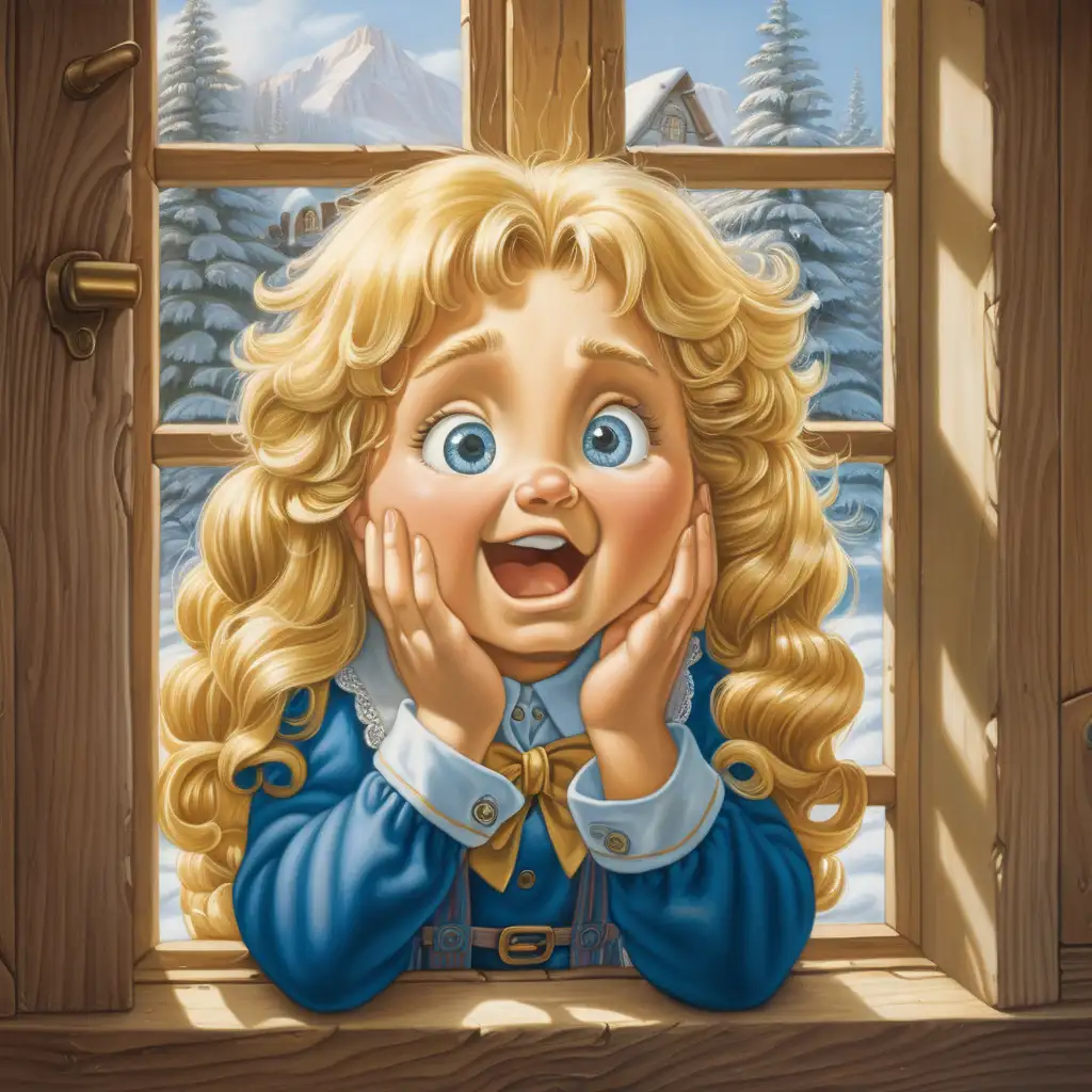 image of Goldilocks, hands on face as if peeking in a window, similar to Scott Gustafson