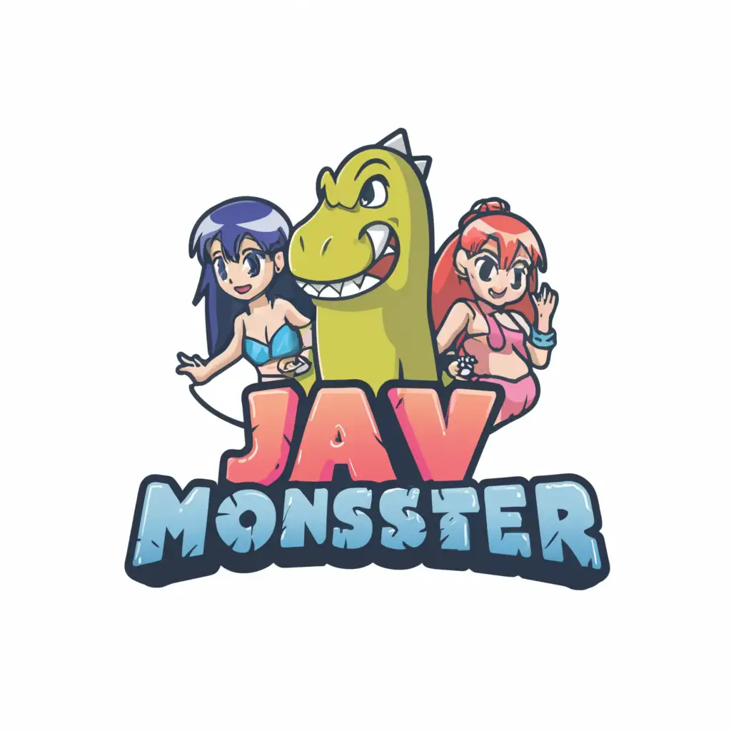 a logo design,with the text "JAV MONSTER", main symbol:a funny and cute dinosaur with two Japanese idols wearing bikini,Moderate,be used in Entertainment industry,clear background