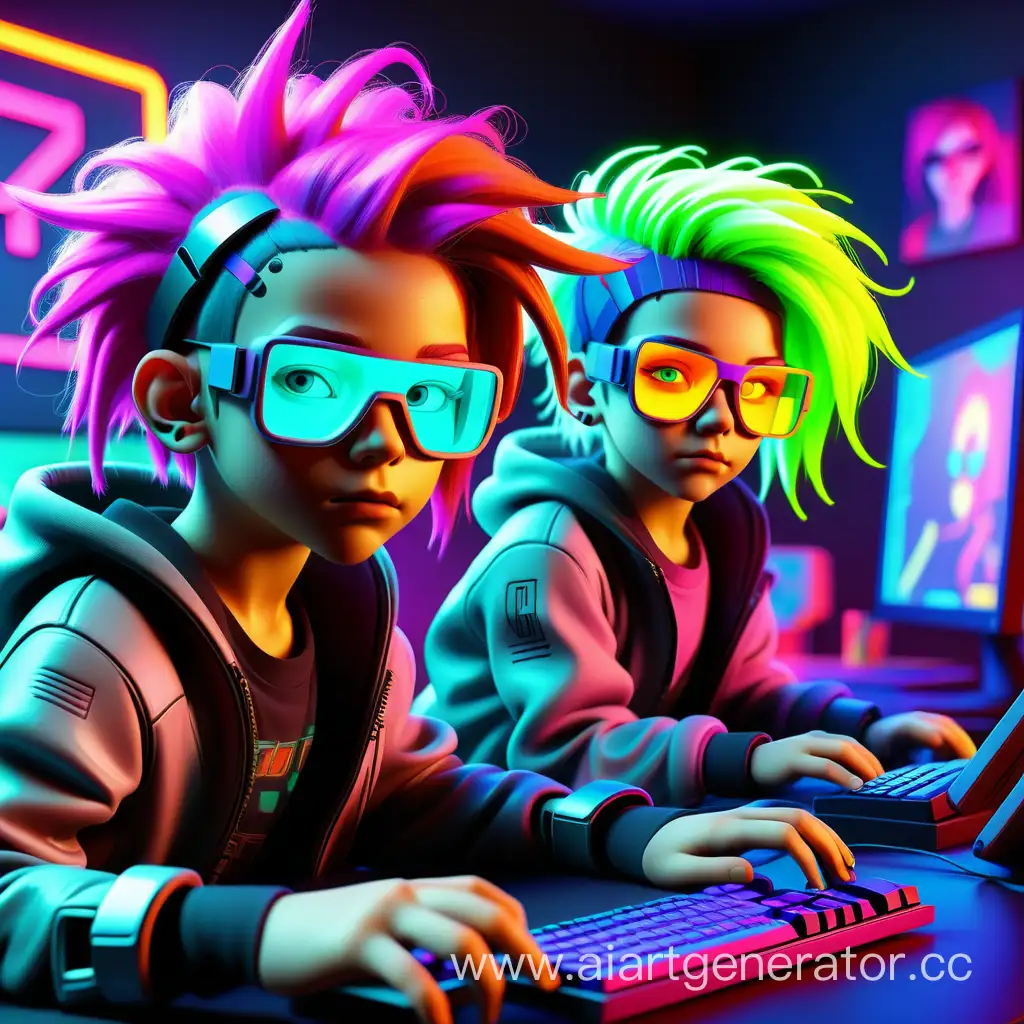 Дети киборги в очках неоновых и цветныии волосами неоновыми играют в компютер, на заднем фоне кибер геймерская комната  все ярко неоновых цветах в стиле киберпанк