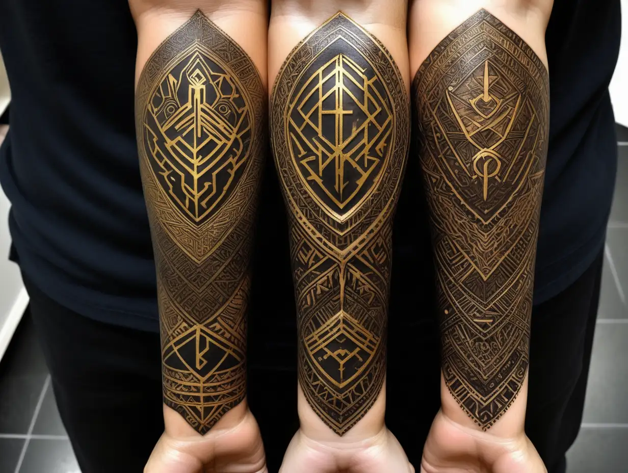 matching forearm tattoos. gold ink. brown skin. very intricately and microscopically detailed. wakandan runes. gilding