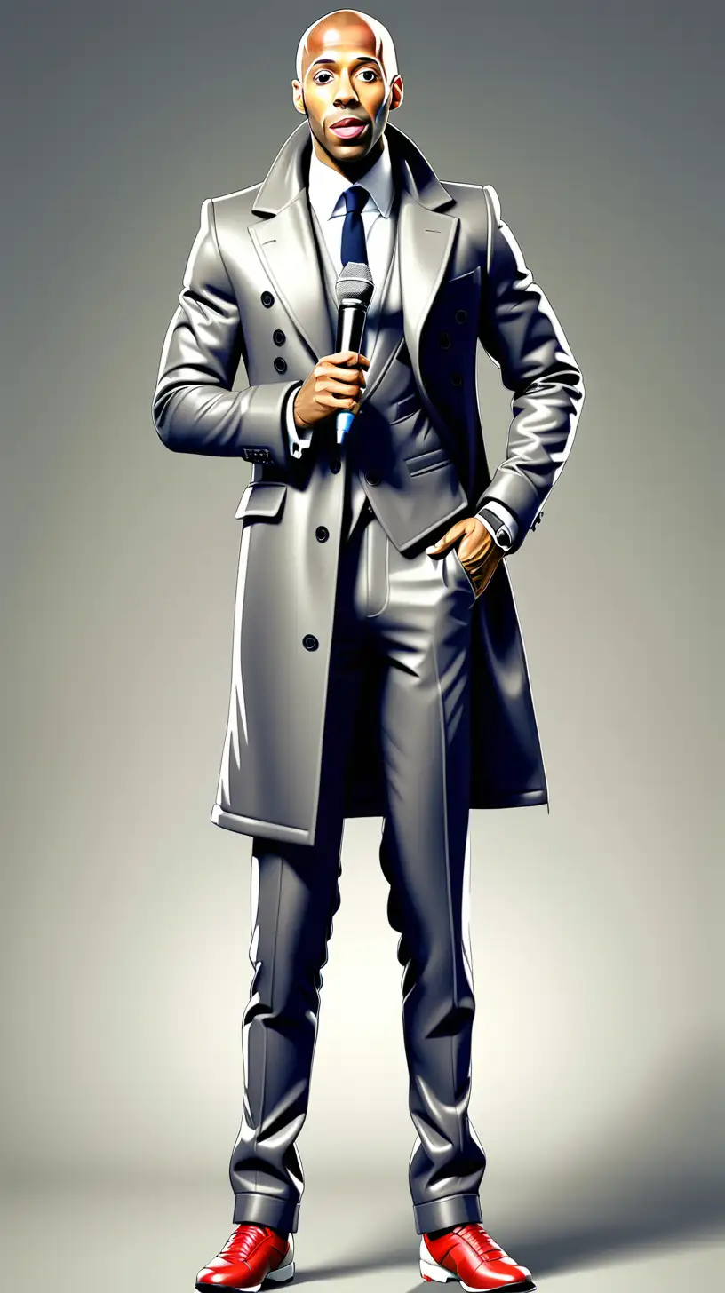 Drawing of thierry henry
full body with coat suit
. holding a microphone
