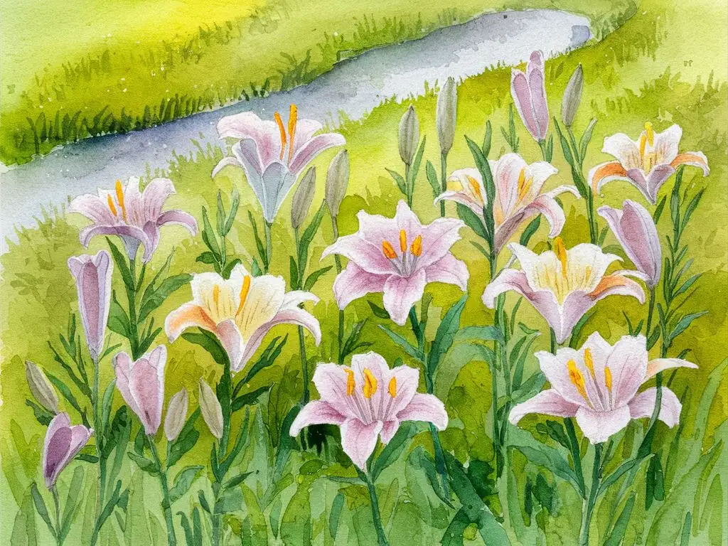 Vibrant Watercolor Painting of Lilies in a Serene Meadow