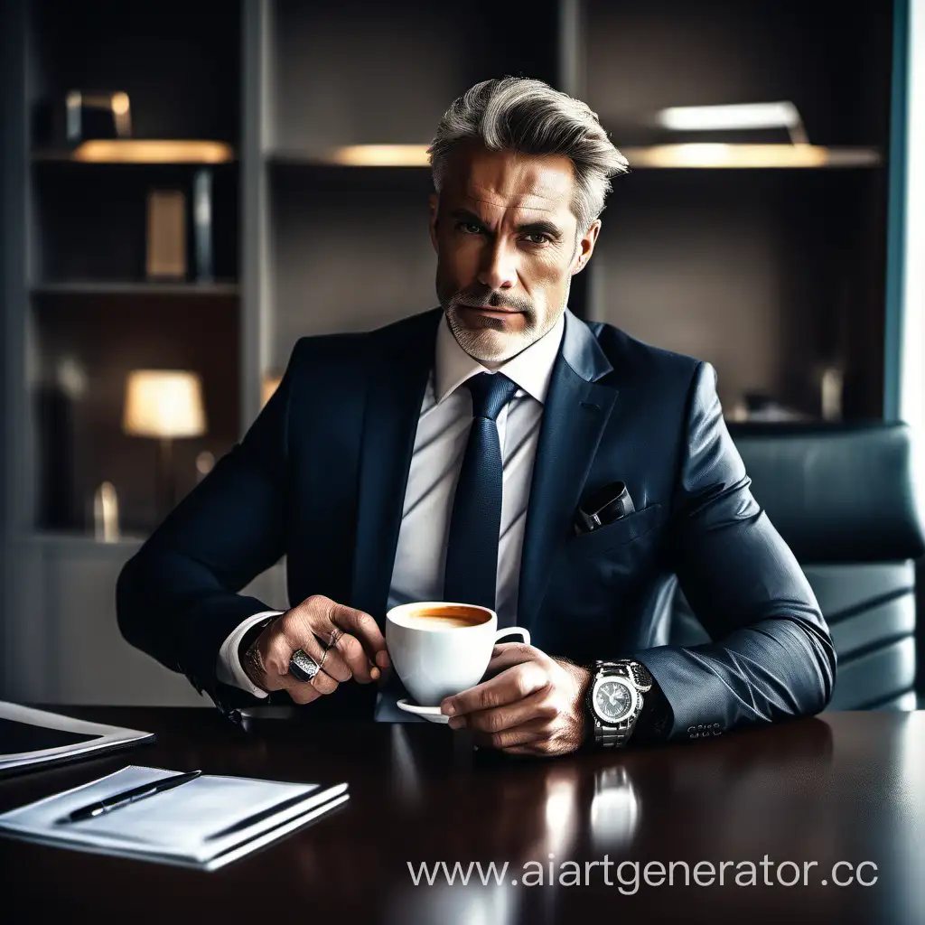Зрелый маскулинный молодой мужчина в деловом дорогом костюме с дорогими часами и с чашкой кофе в своем офисе