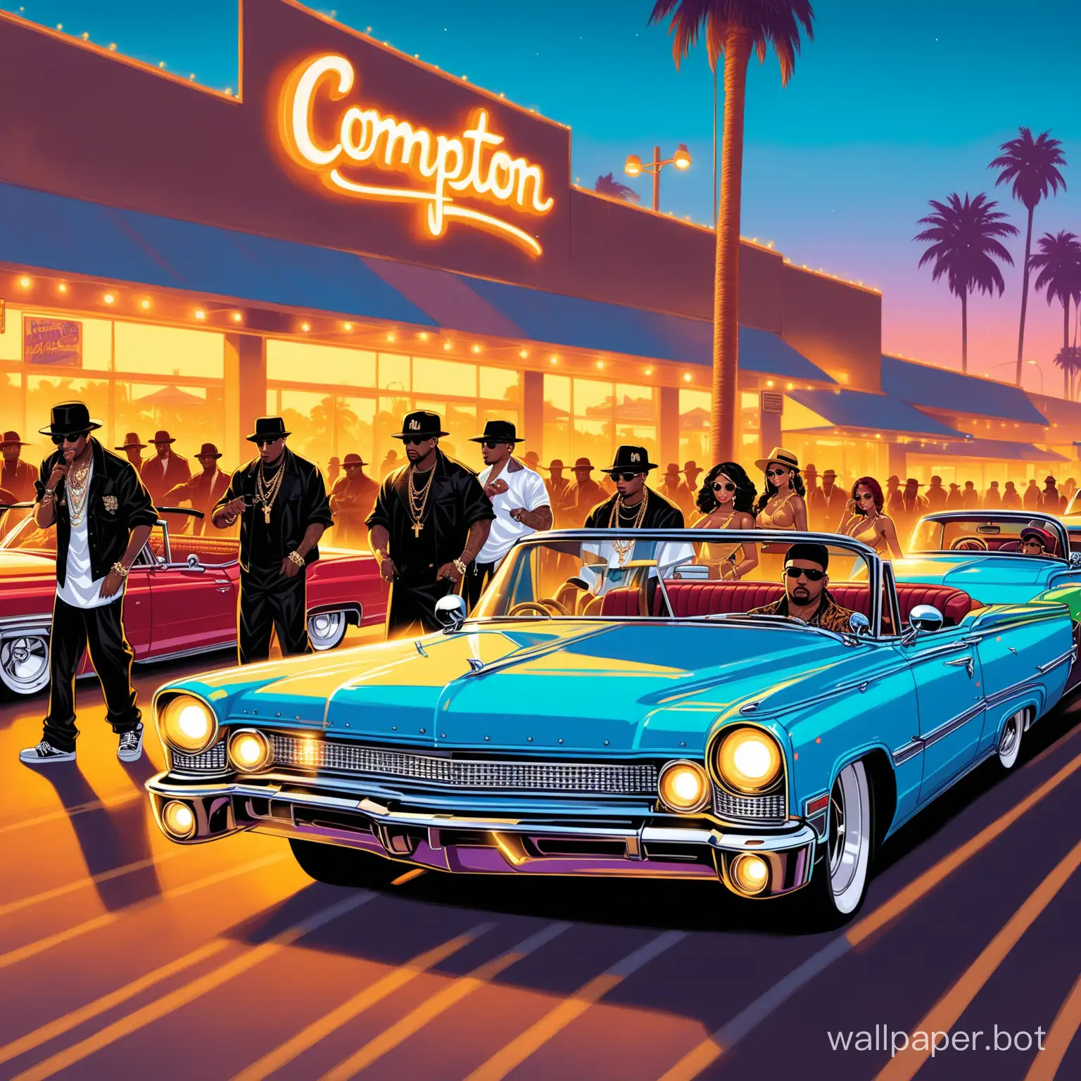 a busy Car Cruise with   groups of boys and girls dressed in hip hop clothes driving low Rider Cars with low rider  bikes in the background location - Compton LA, late evening  (hip hop / Funk / gangster ) - illustration