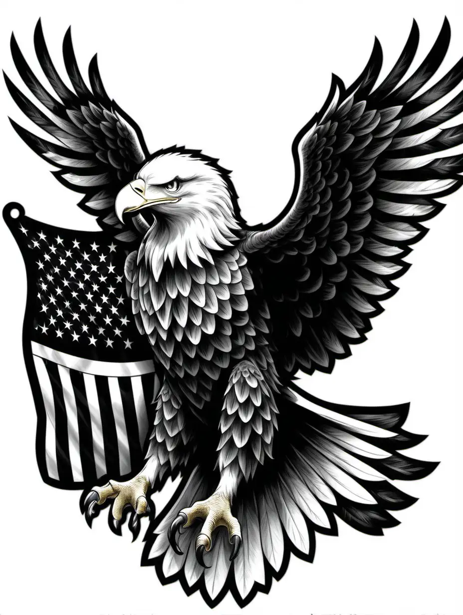 black and white eagle with american flag, all lines connected, for cutting out wall art, no background